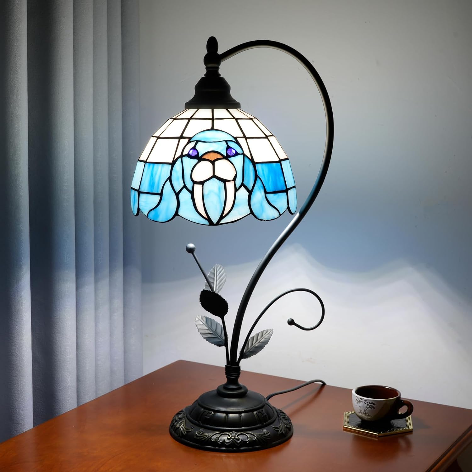 Tiffany Table Lamp Blue Walrus Stained Glass Bedside Lamp Tiffany Style S Metal Leaves Desk Light for Home Living Room Office Dormitory Bar Family Friends Gift