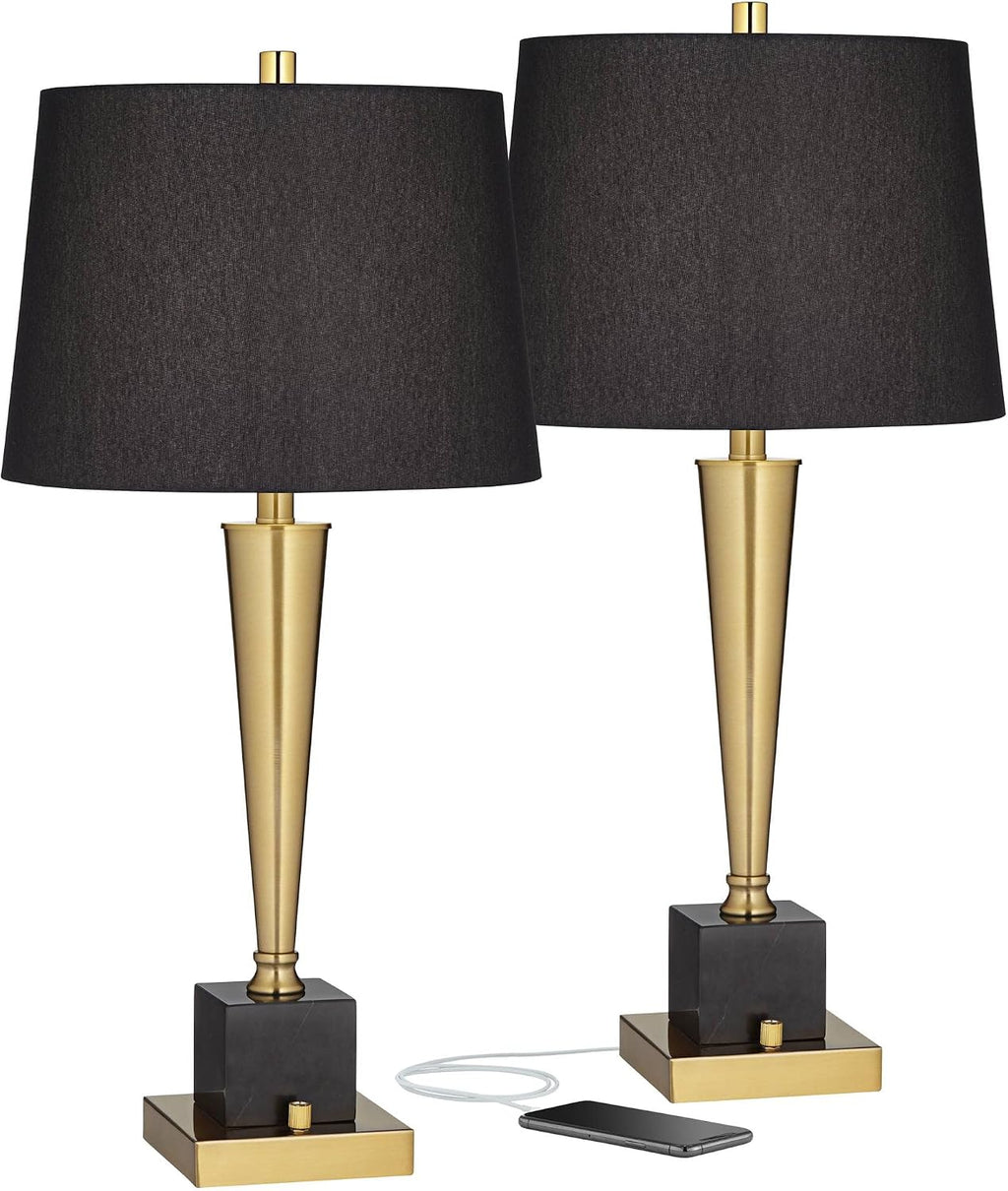 Possini Euro Design Wayne Modern Table Lamps 29 1/4' Tall Set of 2 with USB Charging Port Brass Gold Black Tapered Drum Shade for Bedroom Living Room Nightstand Bedside Night Stand Office Kids Room