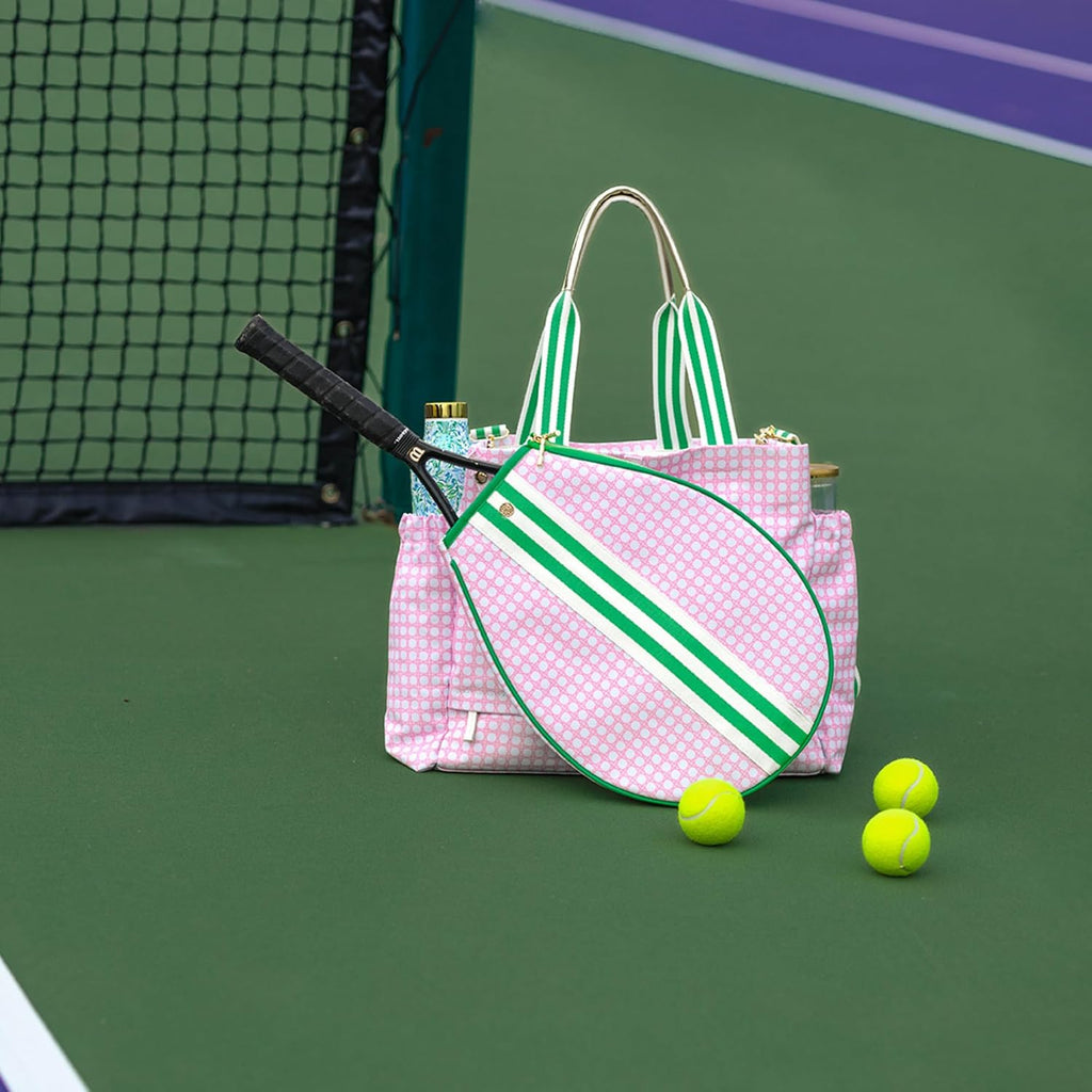 Lilly Pulitzer Tennis Tote Bag with Removable Shoulder Strap, Large Tennis Shoulder Bag for Tennis Racket, Pickleball, Racket Sports, Travel Bag, Pink Caning