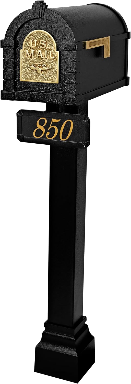 Gaines - Keystone Standard Post and Mailbox Package with Personalized Address Plaque and Decorative Cuff (Black with Polished Brass Eagle)