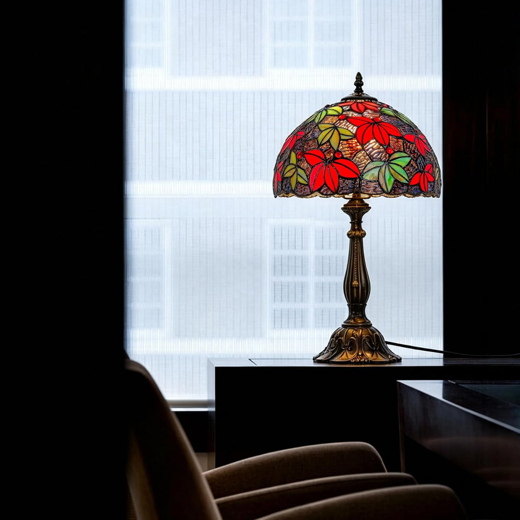 Tiffany Style Table Lamp, 12 Inch Stained Glass Bedside with Red Green Maple Leaf Design Vintage Handcrafted Nightstand Lamp for Reading Living Room Bedroom Office