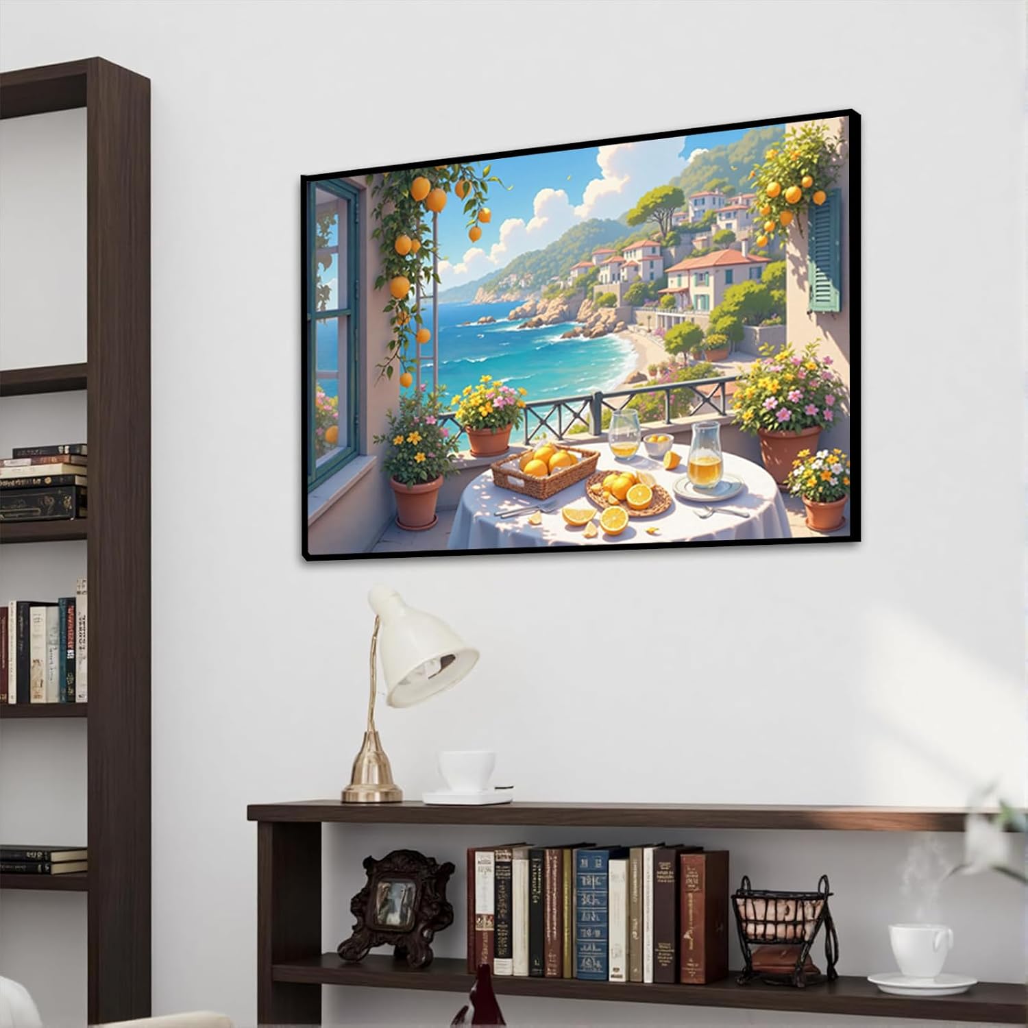 Italian Amalfi Coast Lemon Tree Garden Mediterranean Wall Art Travel Poster | Metal Framed canvas, for resort suites, mediterranean style, guest suite decor, mediterranean vacation vibe