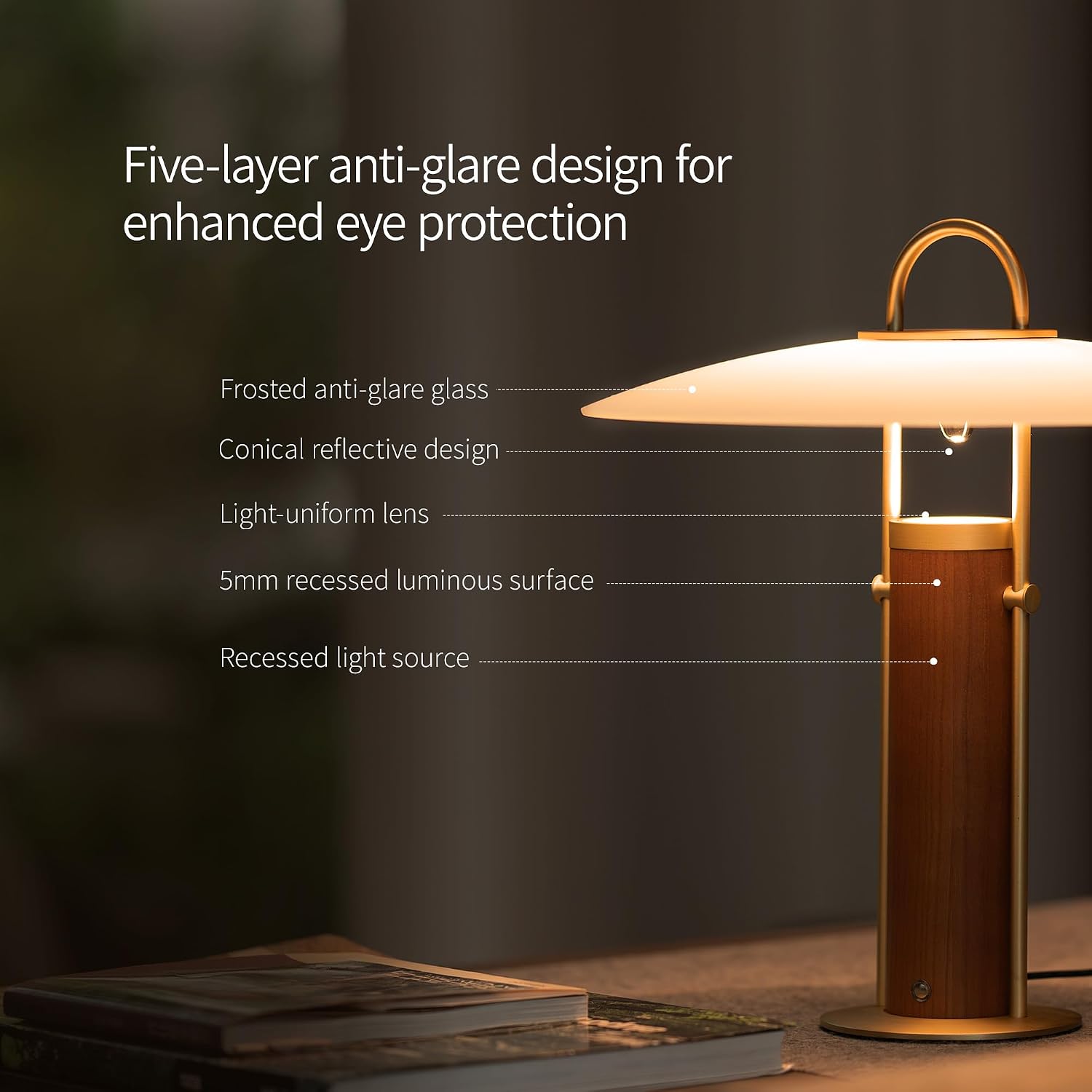 Aisilan 12W LED Gold Desk Lamp, Plug-in Touch Dimmable Bedside Light with Pure Brass, Frosted Glass & White Ash Wood, Mid-Century Modern Design