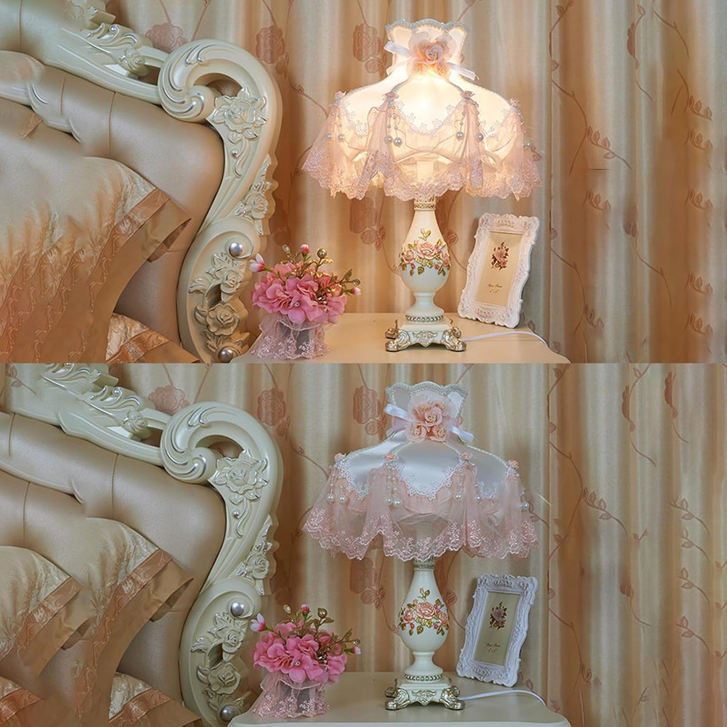 Pink Resin Table Lamp Fabric Princess Desk Lamp Modern Resin Lampbody with Flower Decorative Bedside Nightlight for Bedroom Living Room