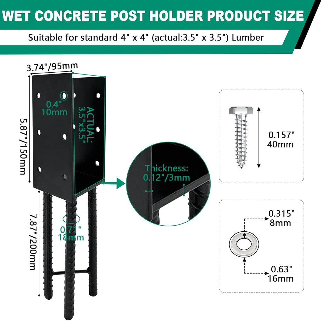 8pcs U-Shape Wet Concrete Post Holder for 4x4 4x6 4x8 Square Wood Post,Black Heavy Duty Post Anchor Steel Solid Rebar with for Wood Fence,Railing,Pergola