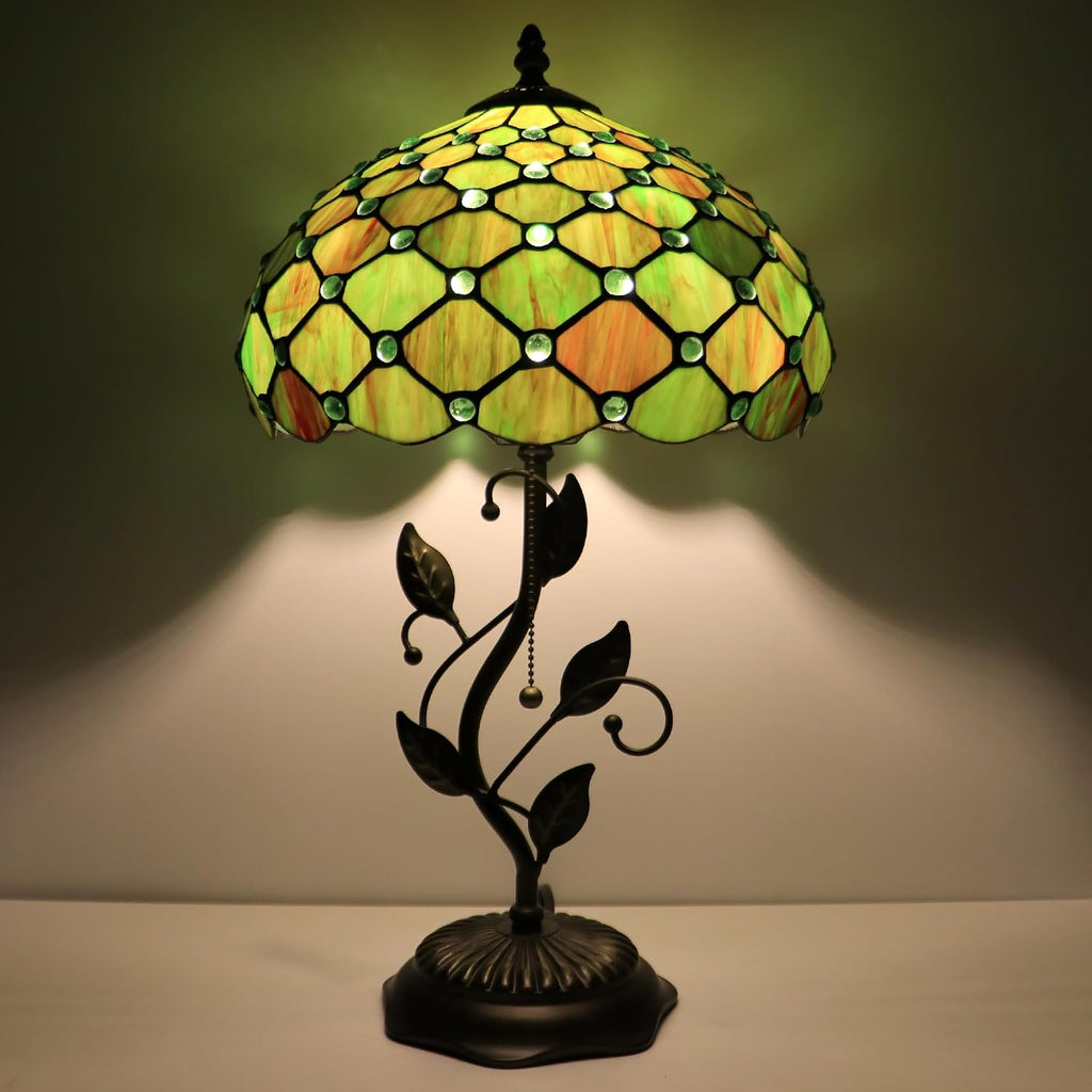 Tiffany Lamp Brownish Green Pearl Style Stained Glass Table Lamp Desk Bedside Reading Light 12X12X19 Inches with Metal Leaf Base