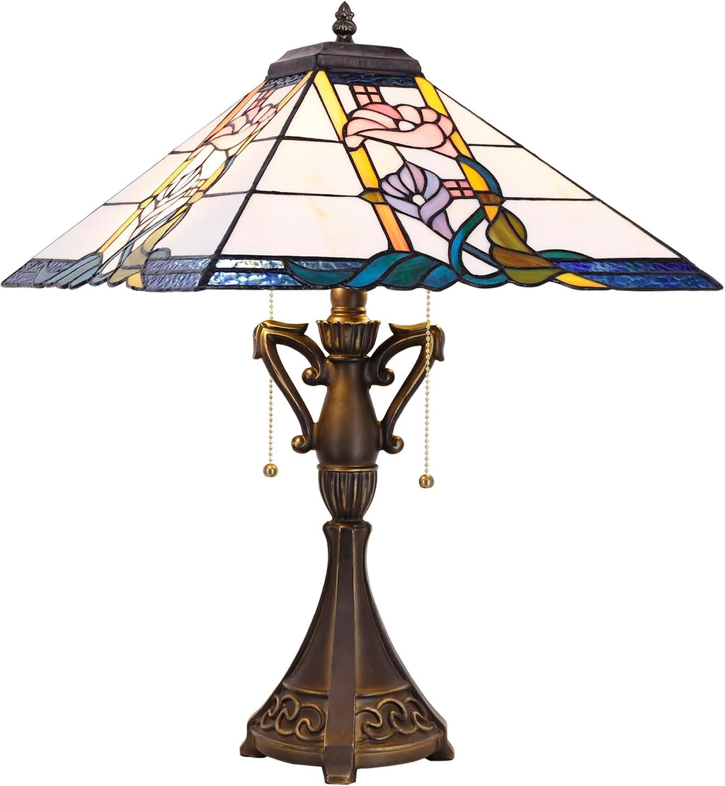 Tiffany Table Lamp Stained Glass Square Pink Flower Mission Style Desk Reading Light 16X16X24 Inch for Bedroom Living Room Home Office