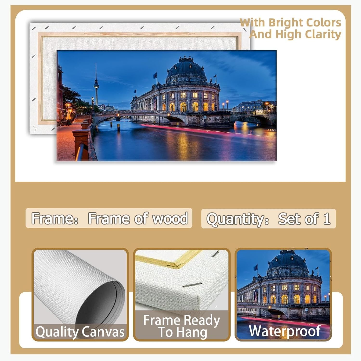 Magical Berlin Dusk Print River Reflection Cityscape Decor European Historic Waterfront Wall Art Enchanted German Capital Poster Vintage Canvas Bedroom Office Picture 20x40inch Framed