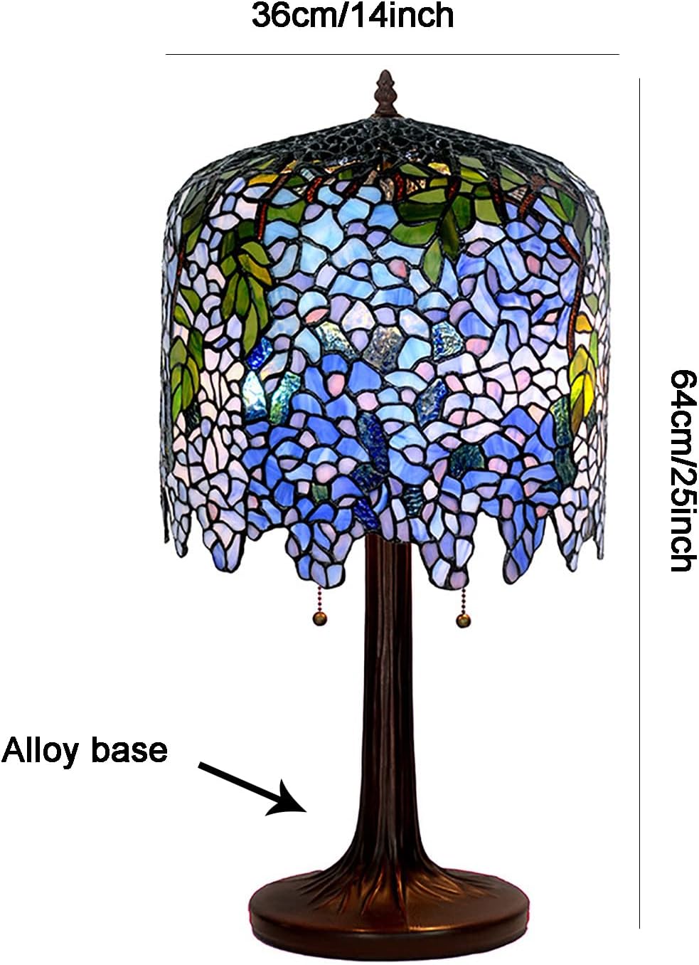 Wisteria Lamp, Tiffany Style Green Pink Stained Glass Table Lamp, Green Leaves Shade Bedroom Bedside Lamp, Living Room Office Table Decoration Lamp with Pull Cord Switch