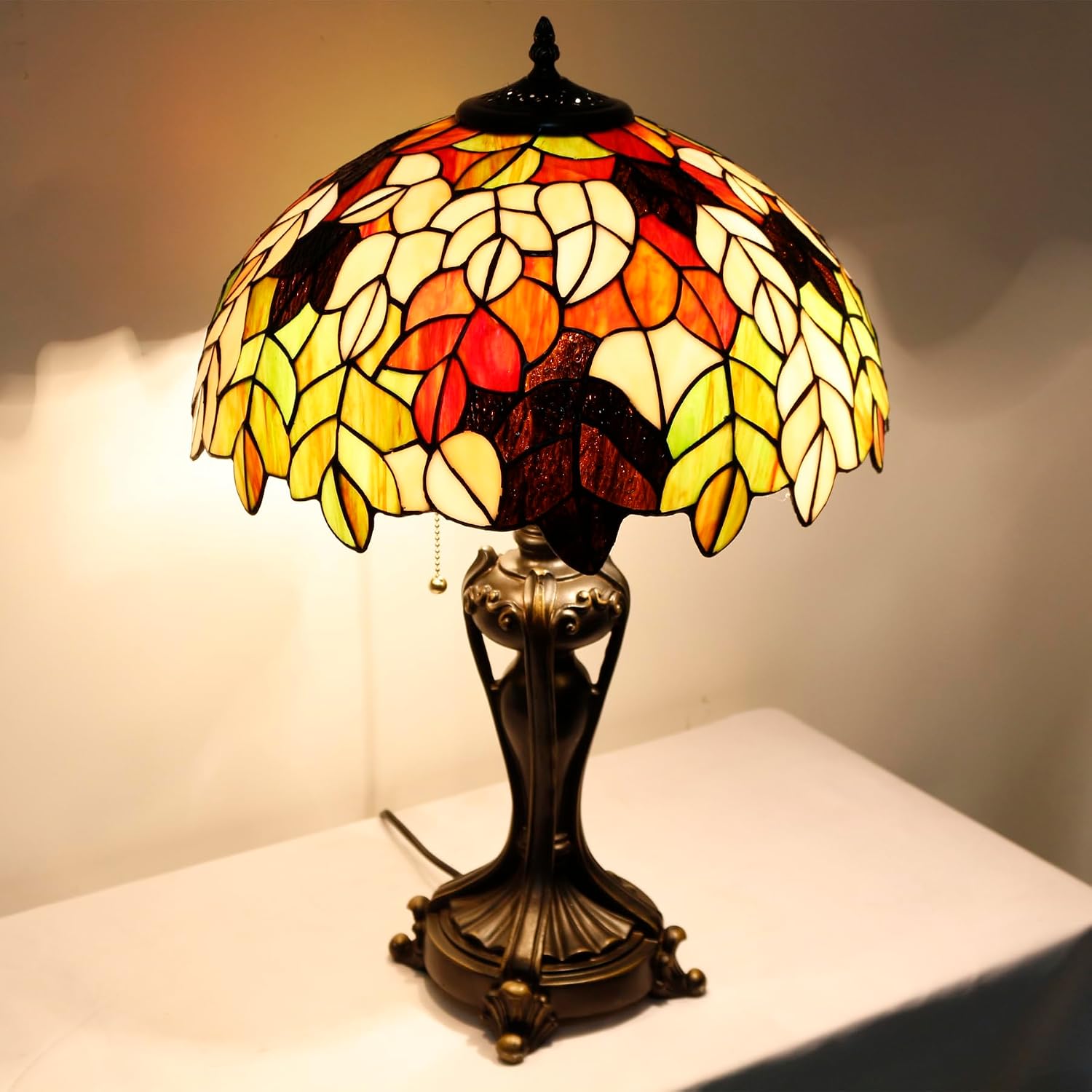 Tiffany Lamp(2 Lights) Stained Glass Table Lamp Bedside Desk Reading Light 16X16X24 Inch Decor Bedroom Living Room Home Office (Maple Leaf)