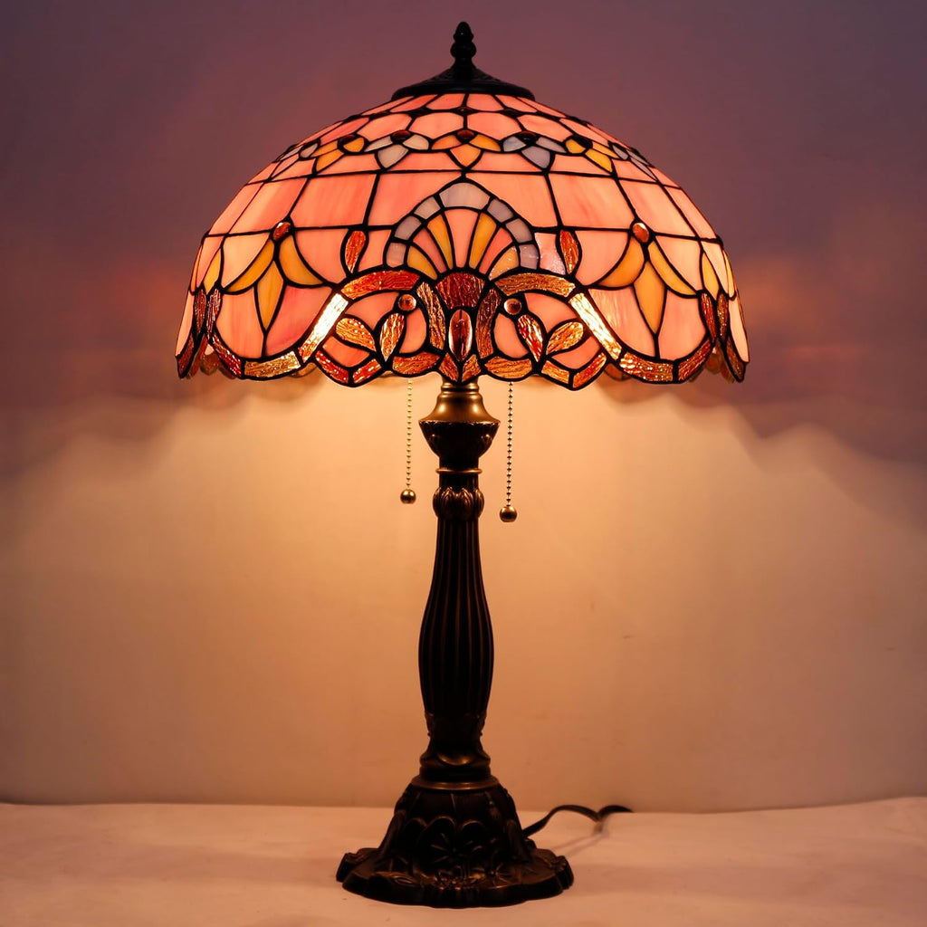 WERFACTORY Tiffany Lamp Pink Stained Glass Baroque Bedside Table Lamp Style Desk Light 16X16X24 Inches Decor Bedroom Living Room Home Office S003P Series