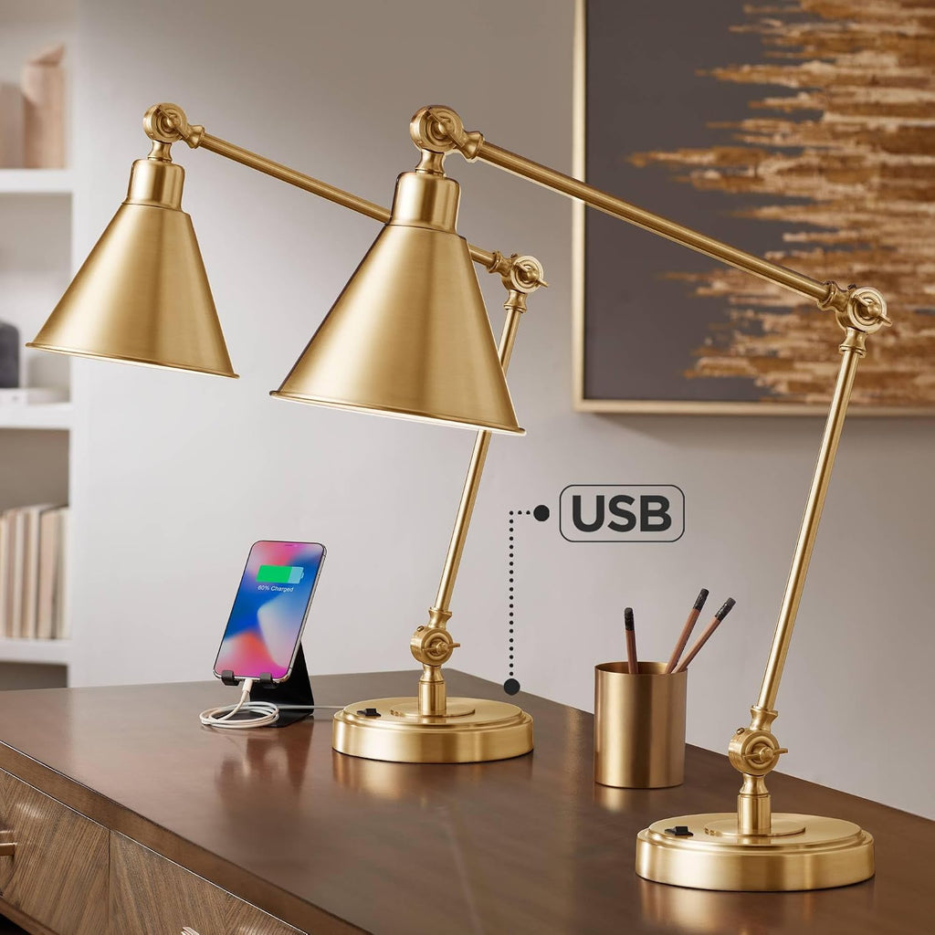 360 Lighting Wray 26 3/4' Tall Modern Desk Lamps Set of 2 USB Port Adjustable Warm Antique Gold Finish Metal Shade Home Office Living Room Charging Bedroom Bedside Nightstand House Reading
