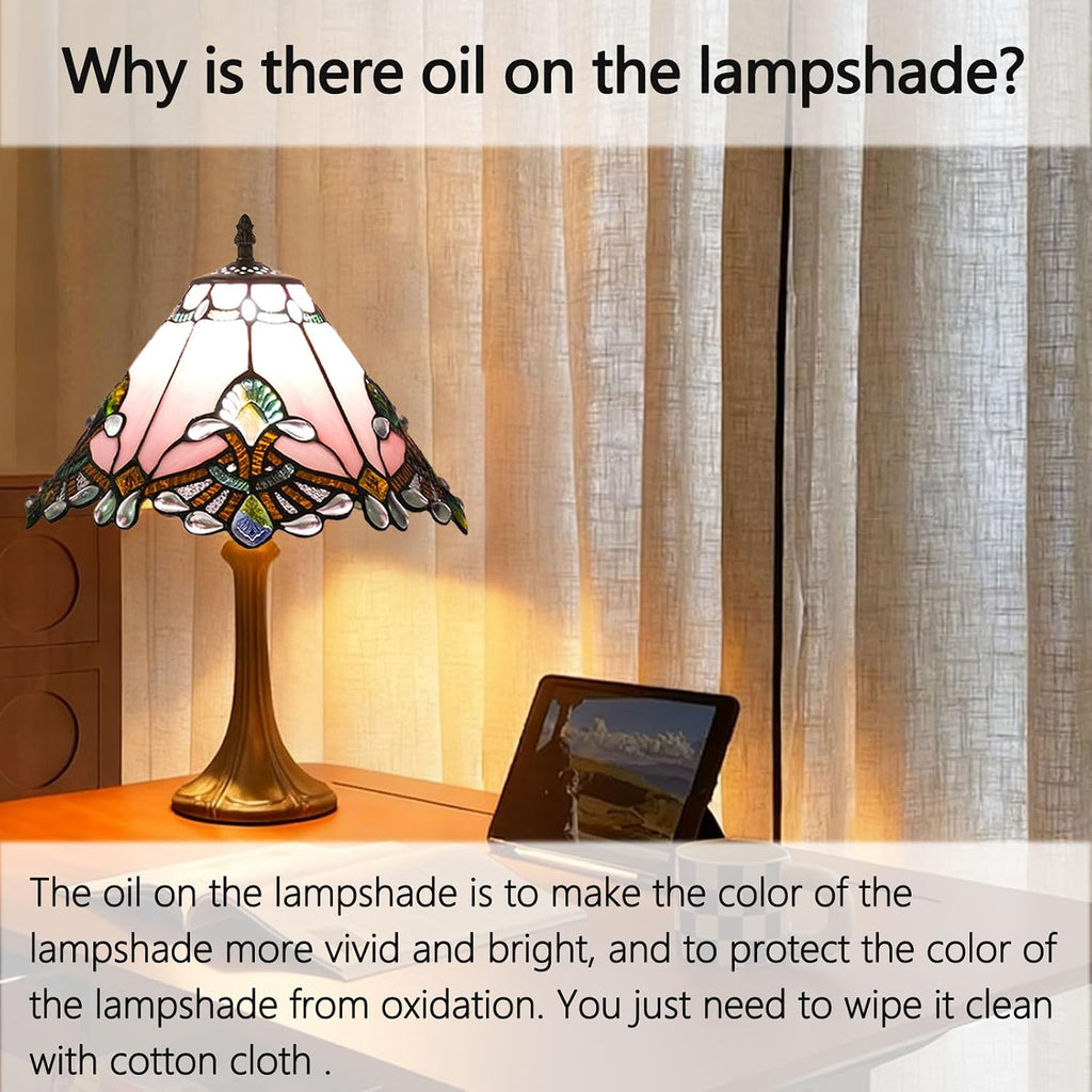 12 Inch Baroque Style Tiffany Table Lamp, Vintage Stained Glass Desk Lamp with Remote Control, 3 Color Temperature & Brightness Level for Office Home Bedroom Living (Pink)