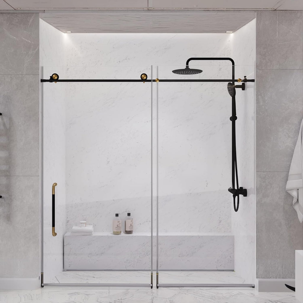 ANZZI Frameless Shower Door 76' x 48' Frameless Shower Door with Sliding - Matte Black and Brushed Gold - Madam Series (SD-AZ13-01MBBG)