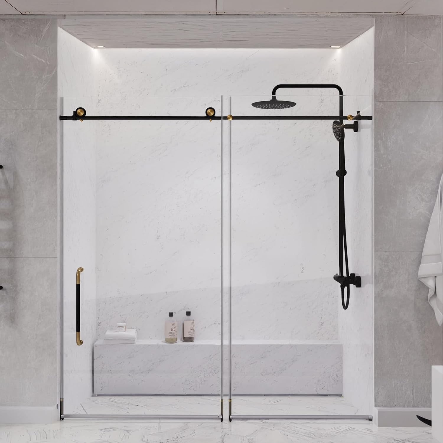 ANZZI Frameless Shower Door 76' x 48' Frameless Shower Door with Sliding - Matte Black and Brushed Gold - Madam Series (SD-AZ13-01MBBG)