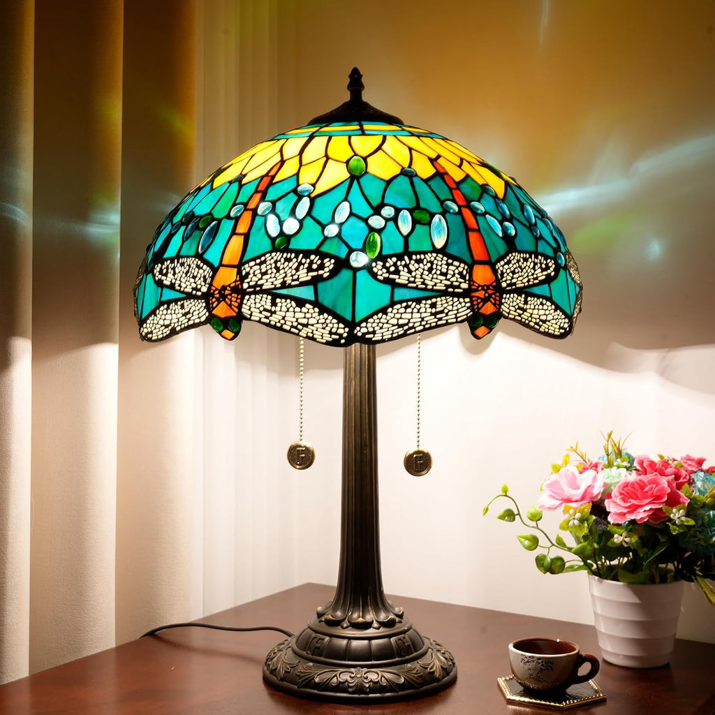 Tiffany Lamp Dragonfly Style Stained Glass Table Lamp 16X16X23 Inch Home Office Bedroom Bedside Light Vintage Unique Esthetic Decor Light (Bulb Include)