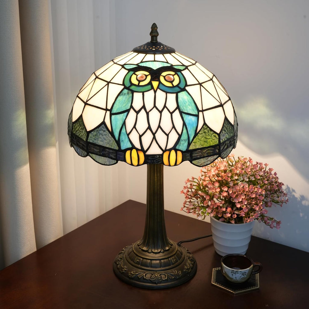 Tiffany Lamp Owl Animal Style Stained Glass Table Lamp Vintage Bedroom Bedside Light for Home Dorm Office Art Craft Antique Decor Accent Aesthetic Nightstand Reading Light 12x12x19 Inches