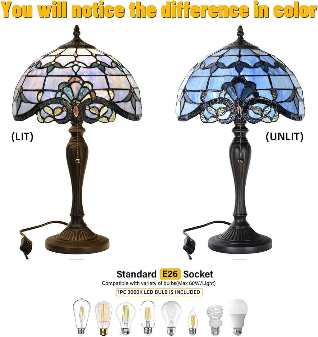TL0015 Tiffany Table Lamp, Blue Baroque Stained Glass Shade, W12×OH21.5in, LED Bulb Included, for Bedroom Living Room (Blue Baroque)