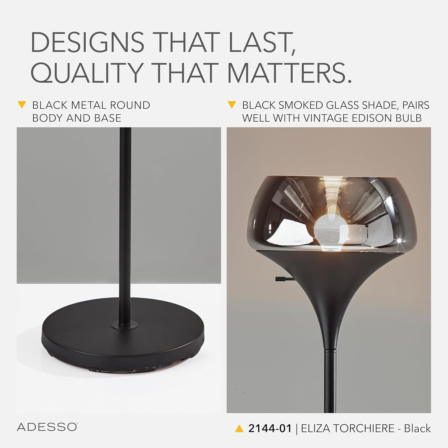 Adesso Black Torchiere Floor Lamp with Smoked Glass Dome Shade – 3-Way Adjustable Ambient Accent Lighting for Bedroom, Living Room or Home Office, 69.5' Tall