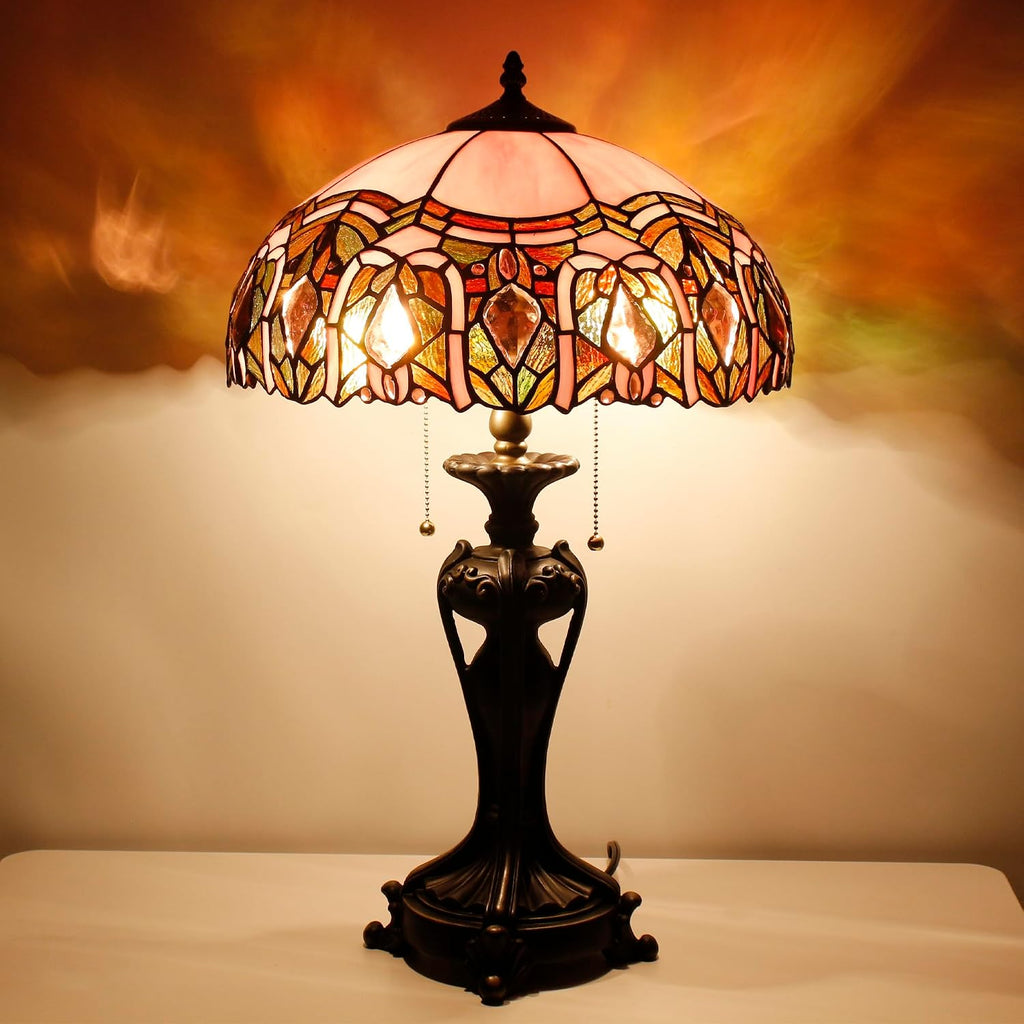 Tiffany Lamp(2 Lights) Stained Glass Table Lamp Bedside Desk Reading Light 16X16X24 Inch Decor Bedroom Living Room Home Office (Pink Jewelry)