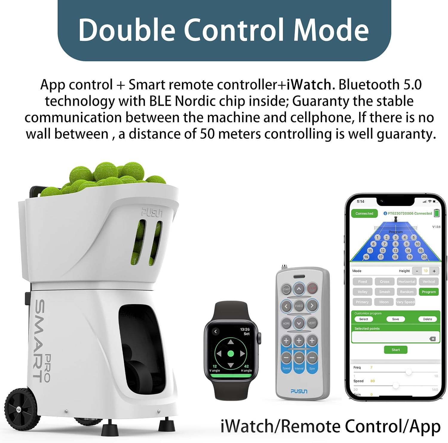 PT-Smart PRO Tennis Ball Machine with Apple Watch/APP/Remote Control, 12 Spin Modes, 110-Ball Capacity, Portable Ball Launcher, 6-Hour Battery for Tennis Training, Beginners & Pros