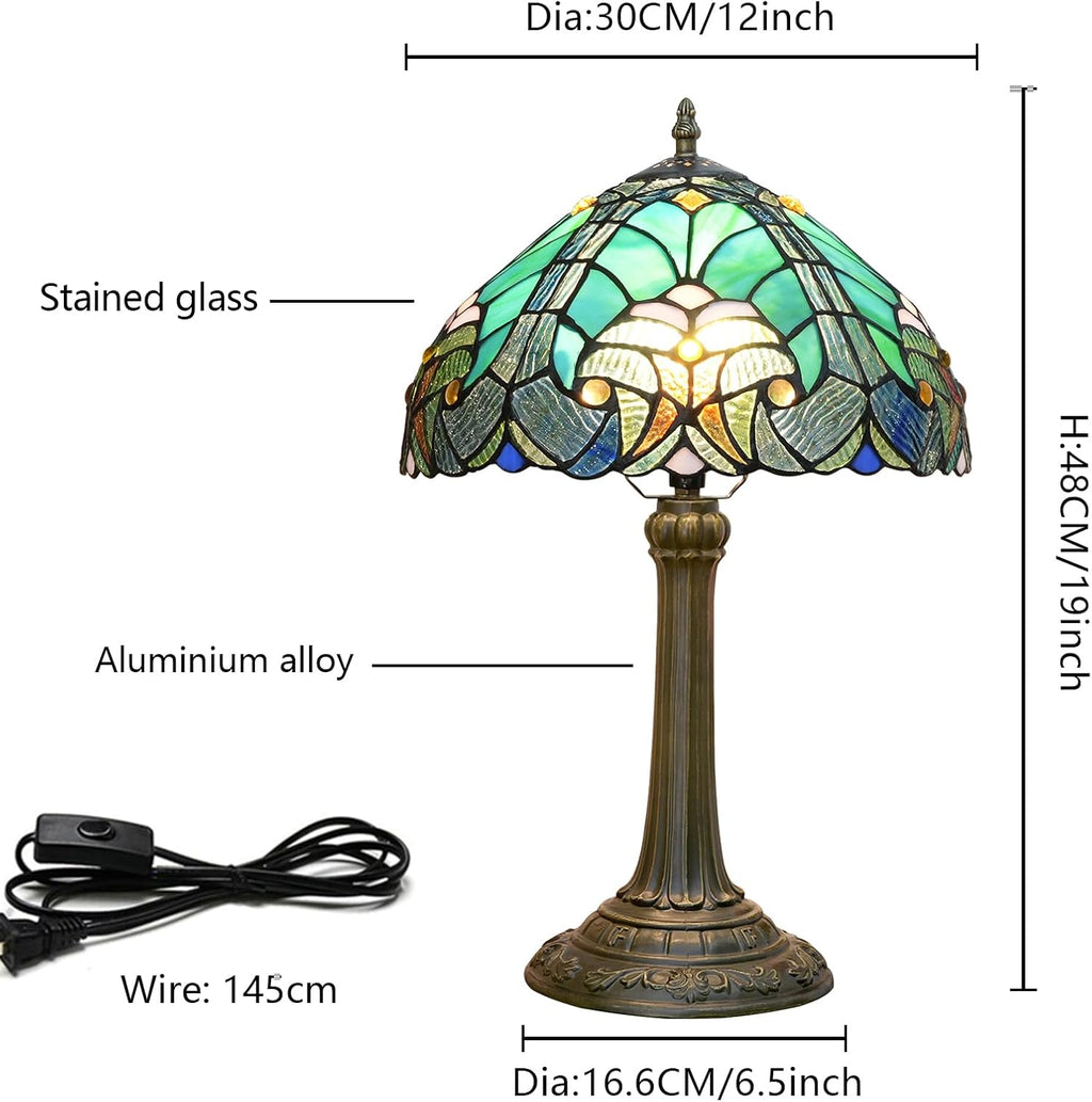 Tiffany Lamp Green Liaison Style Stained Glass Table Lamp W12H18 Inch Antique Table Lamp Metal Base Desk Reading Light for Living Room Bedroom Bar Art Craft