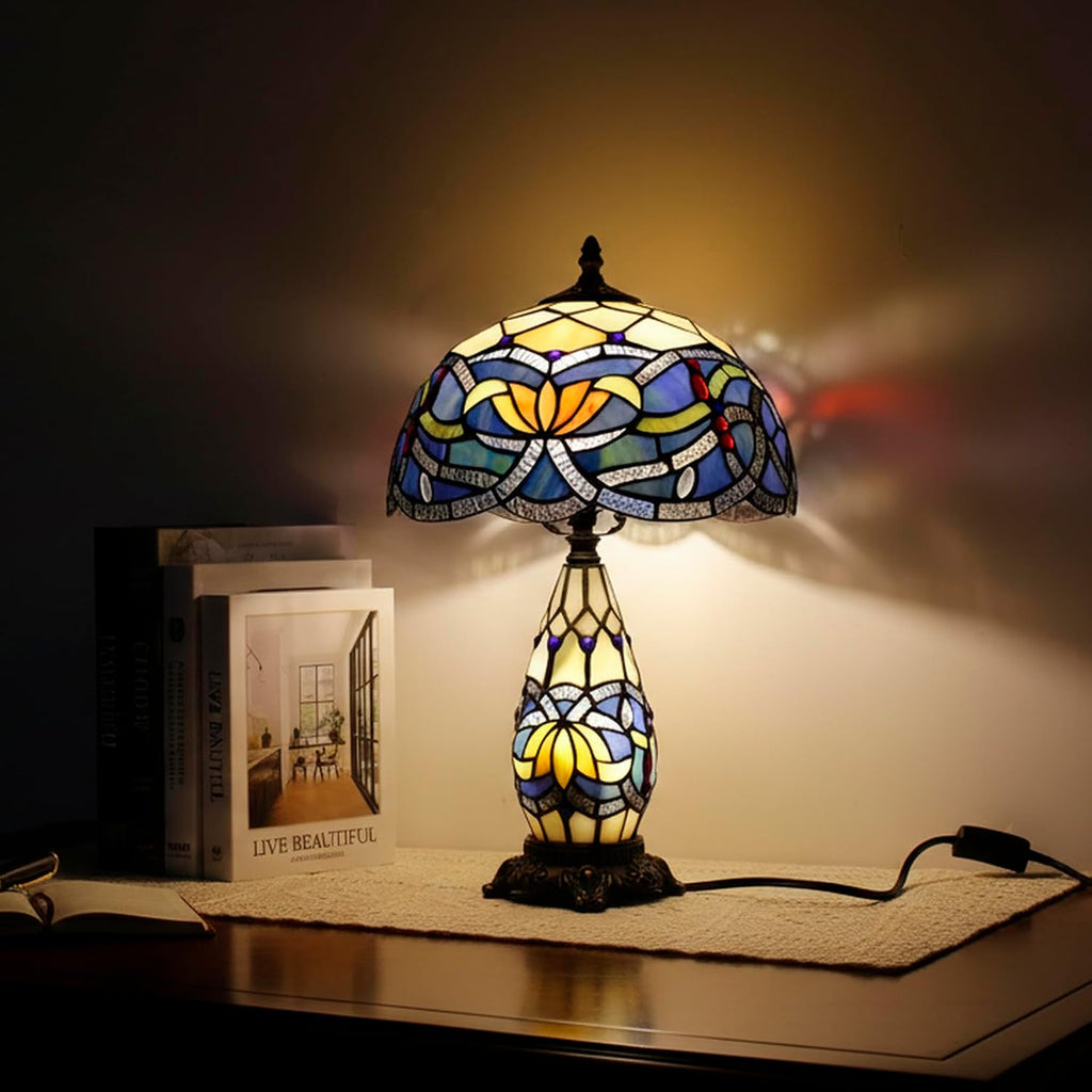 Tiffany Lamp Stained Glass Table Lamp 12X19 Inches Mother Daughter Vase Desk Accent Night Light for Bedroom Bedside Reading Home Antique Style (Blue Lotus)
