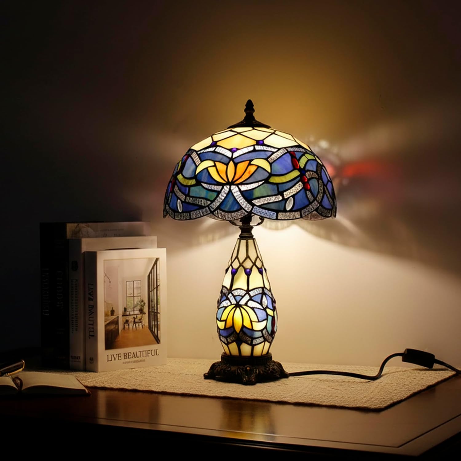 Tiffany Lamp Stained Glass Table Lamp 12X19 Inches Mother Daughter Vase Desk Accent Night Light for Bedroom Bedside Reading Home Antique Style (Blue Lotus)