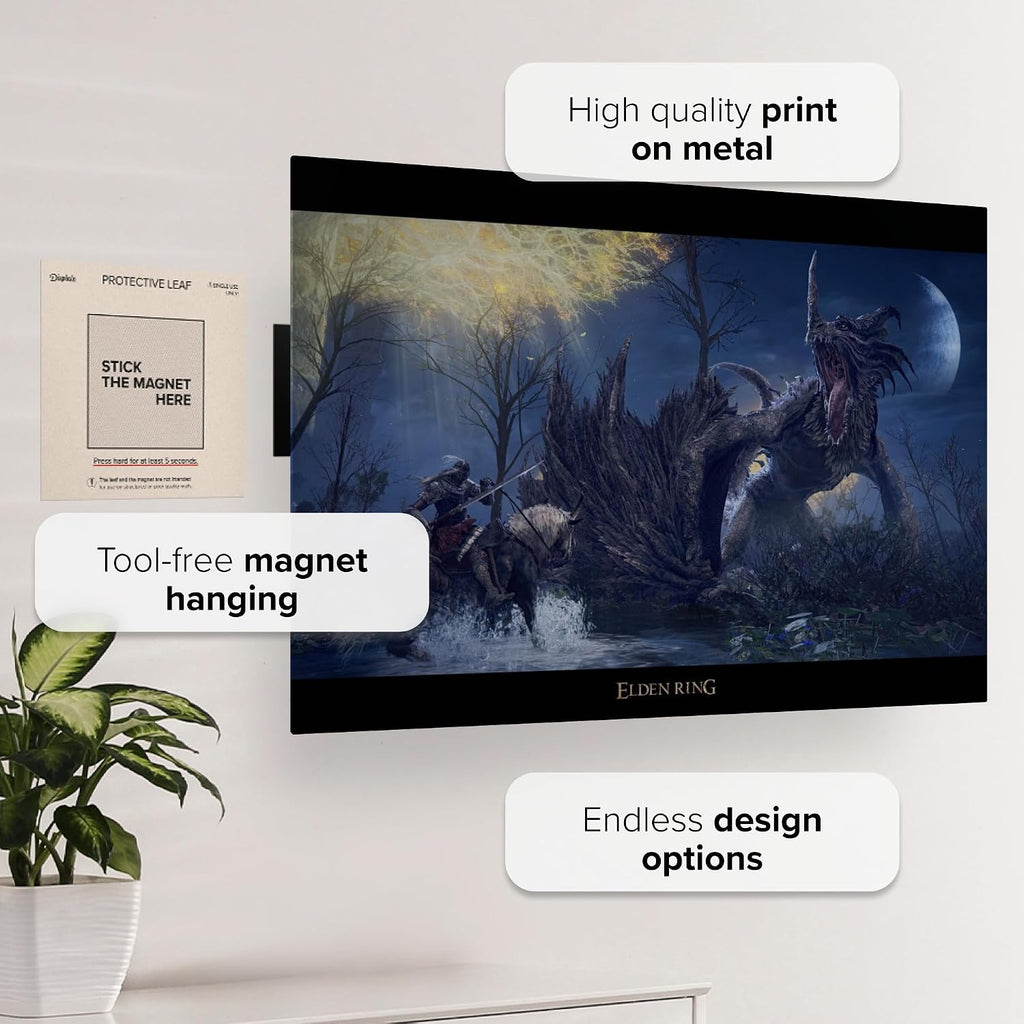 Displate Metal Poster ELDEN RING Flying Dragon Agheel Wall Art L | Wall-safe magnetic mounting, no drilling or tools. Easy to mount, artwork, wall decor home living room, bedrooms, offices.