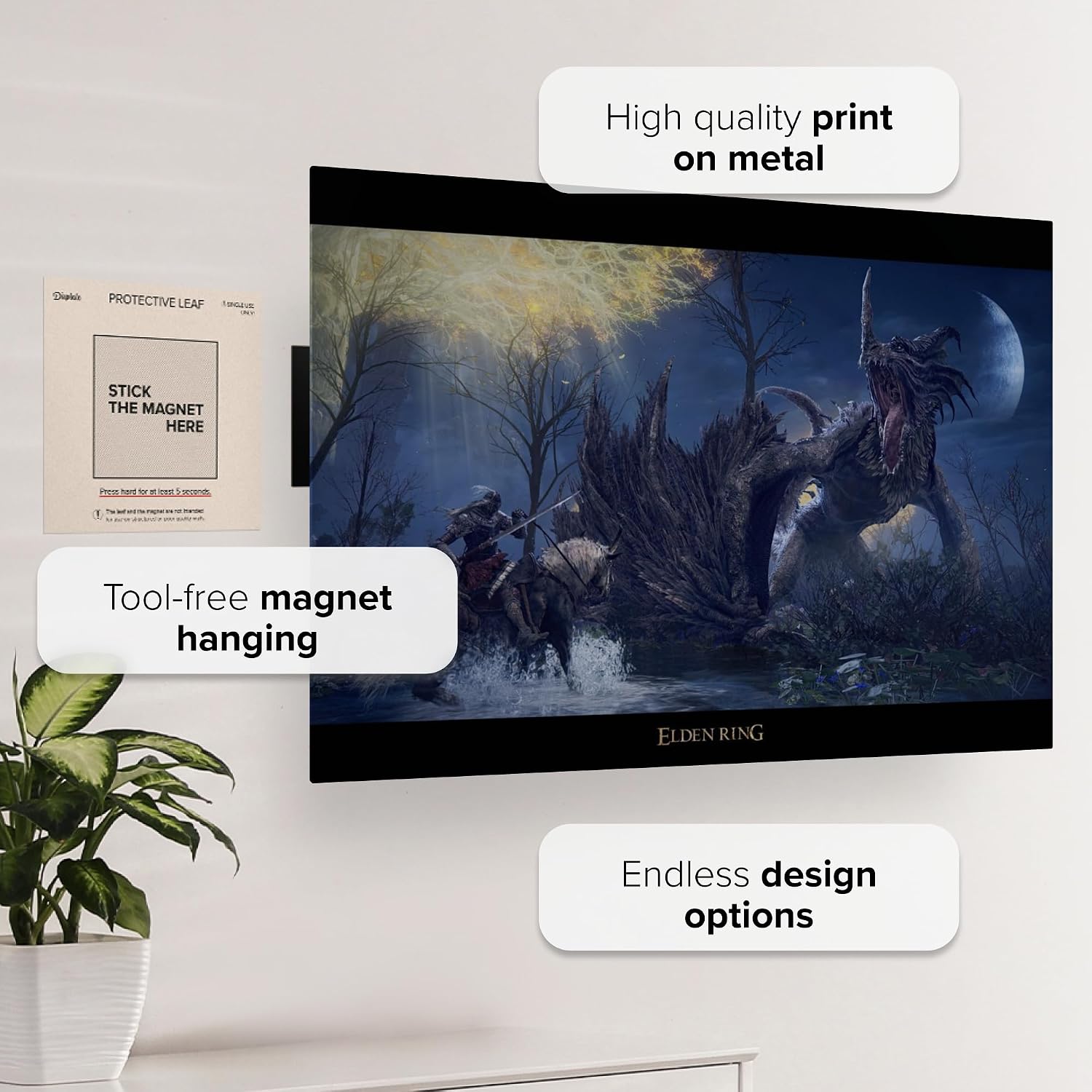 Displate Metal Poster ELDEN RING Flying Dragon Agheel Wall Art L | Wall-safe magnetic mounting, no drilling or tools. Easy to mount, artwork, wall decor home living room, bedrooms, offices.