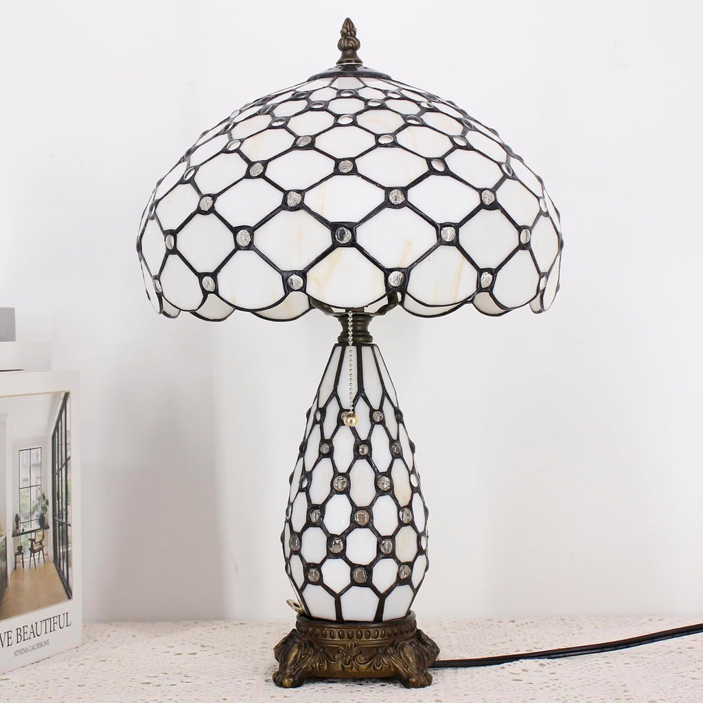 Tiffany Lamp Stained Glass Table Lamp 12X19 Inches Mother Daughter Vase Desk Accent Night Light for Bedroom Bedside Reading Home Antique Style (White Yellow)