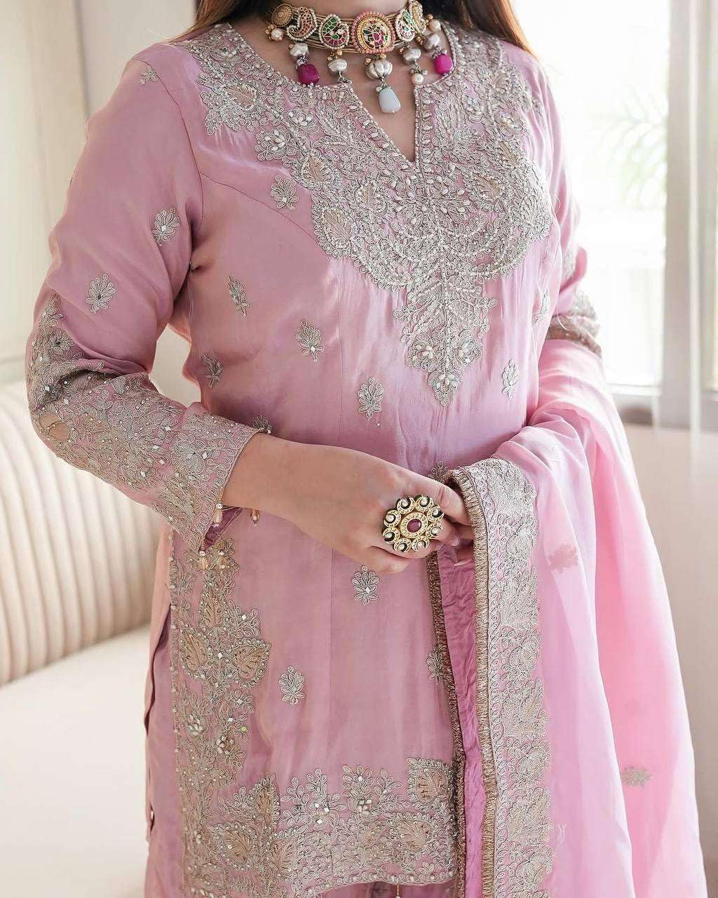 Sharvika crafts Women's Chinon Silk Embroidered Kurti With Sharara & Dupatta Set with Rivet Moti Work