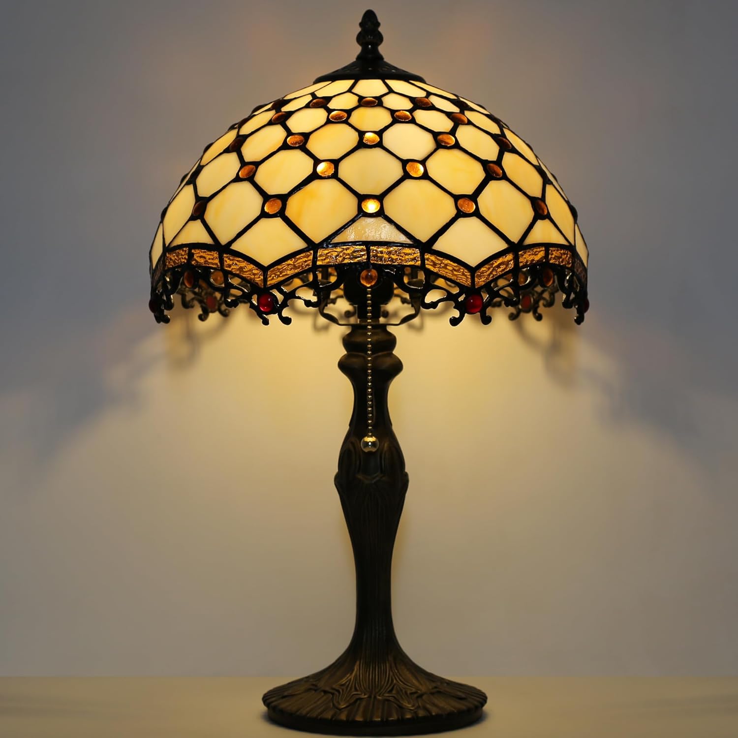 Tiffany Lamp Stained Glass Table Lamp 12 x 19' Phoenix Tail Beads Style Bedside Reading Lamp Decorative Light for Desk Living Room Bedroom Office Study Light Home Decor Gift