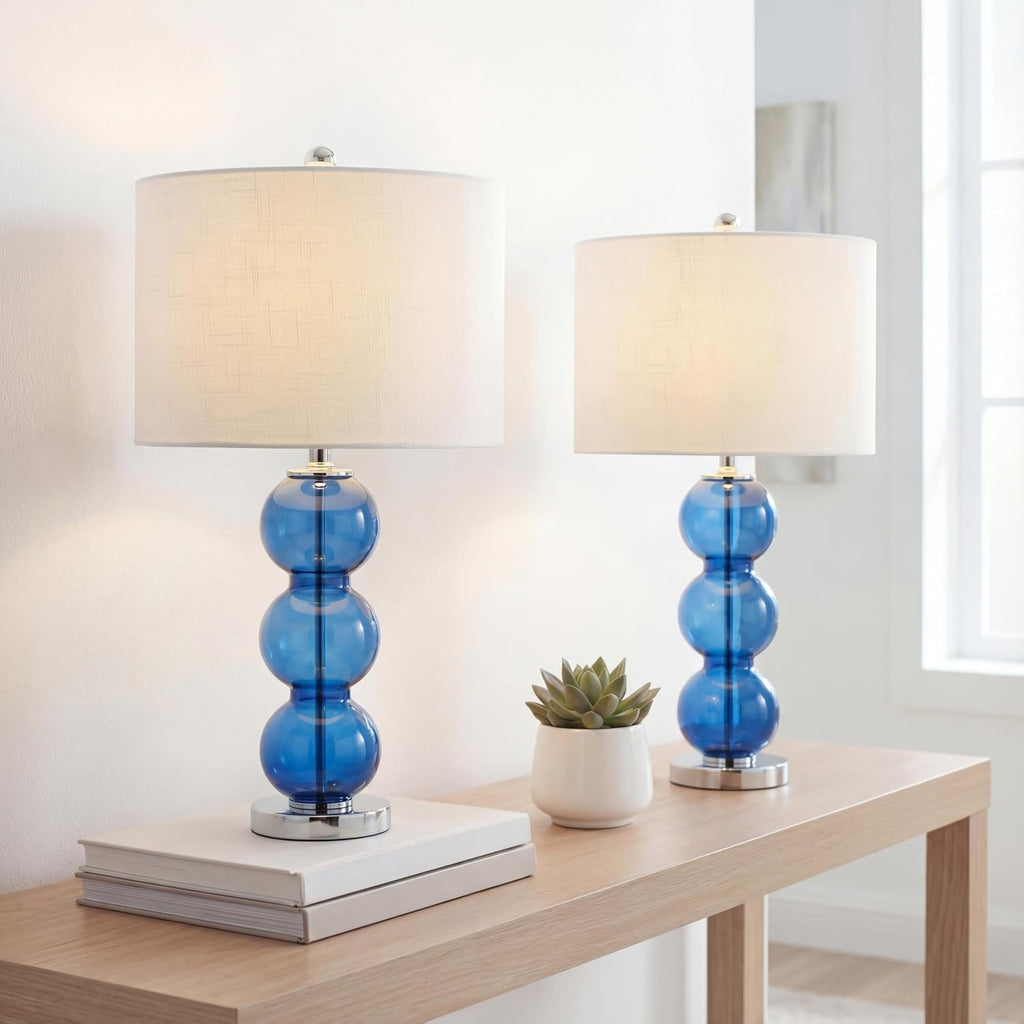 JONATHAN Y 27' Cobalt Blue/Chrome Triple-Sphere Glass Table Lamp Set of 2, Bedside, White Linen Shade, Modern Table Lamps for Living Room, Bedroom, Office, LED Bulbs Included (JYL1070E-SET2)