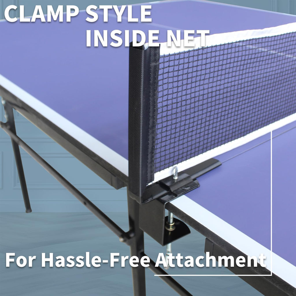 Ping Pong Table Foldable & Portable 6/8/9FT Table Tennis Table Set for Indoor & Outdoor Games with Net & Post, 2 Table Tennis Paddles and 3 Balls (Blue-8FT with Wheels)