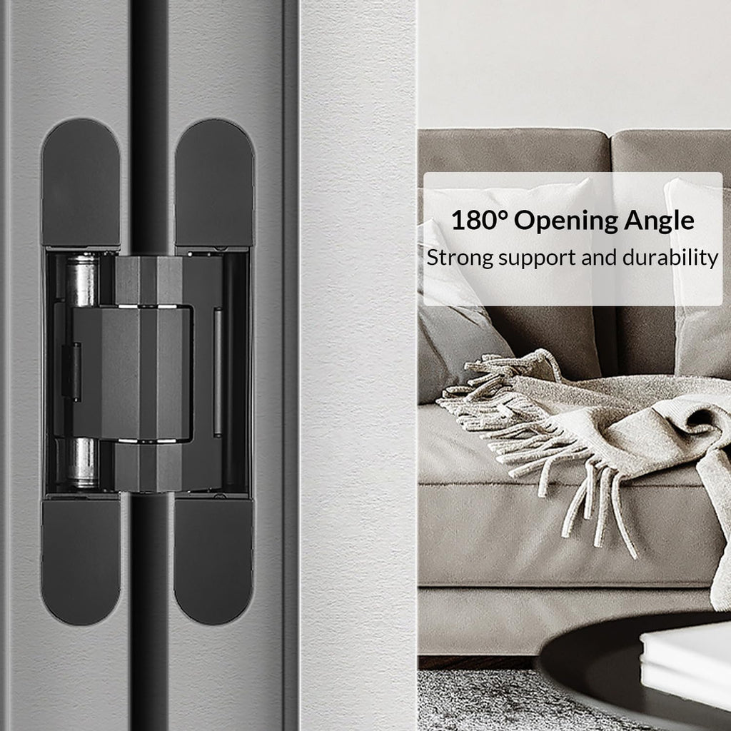 3 Pack Invisible Hydraulic Hinge 3D Adjustable Heavy Duty Hidden Door Hinge 180 Swing Automatic Door Close Cushioning Mortise Mount Concealed Cross Hinge Load Bearing 100KG, Grey