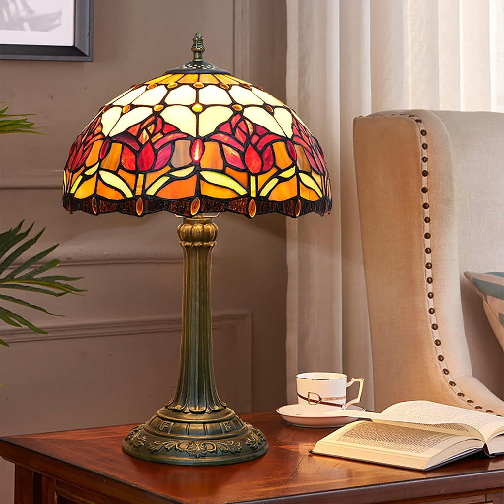 Red Tulip Tiffany Style Stained Glass Table Lamp Bed Room Bedside Reading Desk Light for Living Office Dormitory Bar Retro Unique Cute Accent Decor Cottage 12' Village Gift Nightstand Lamps