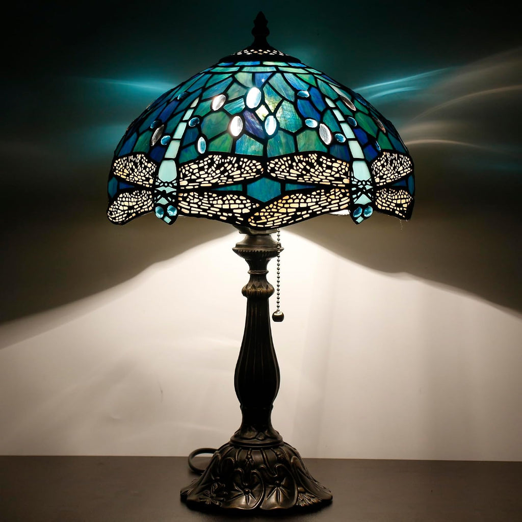 Tiffany Table Lamp Stained Glass Lamp 12X12X19 Inch Antique Reading Light (Blue Dragonfly)