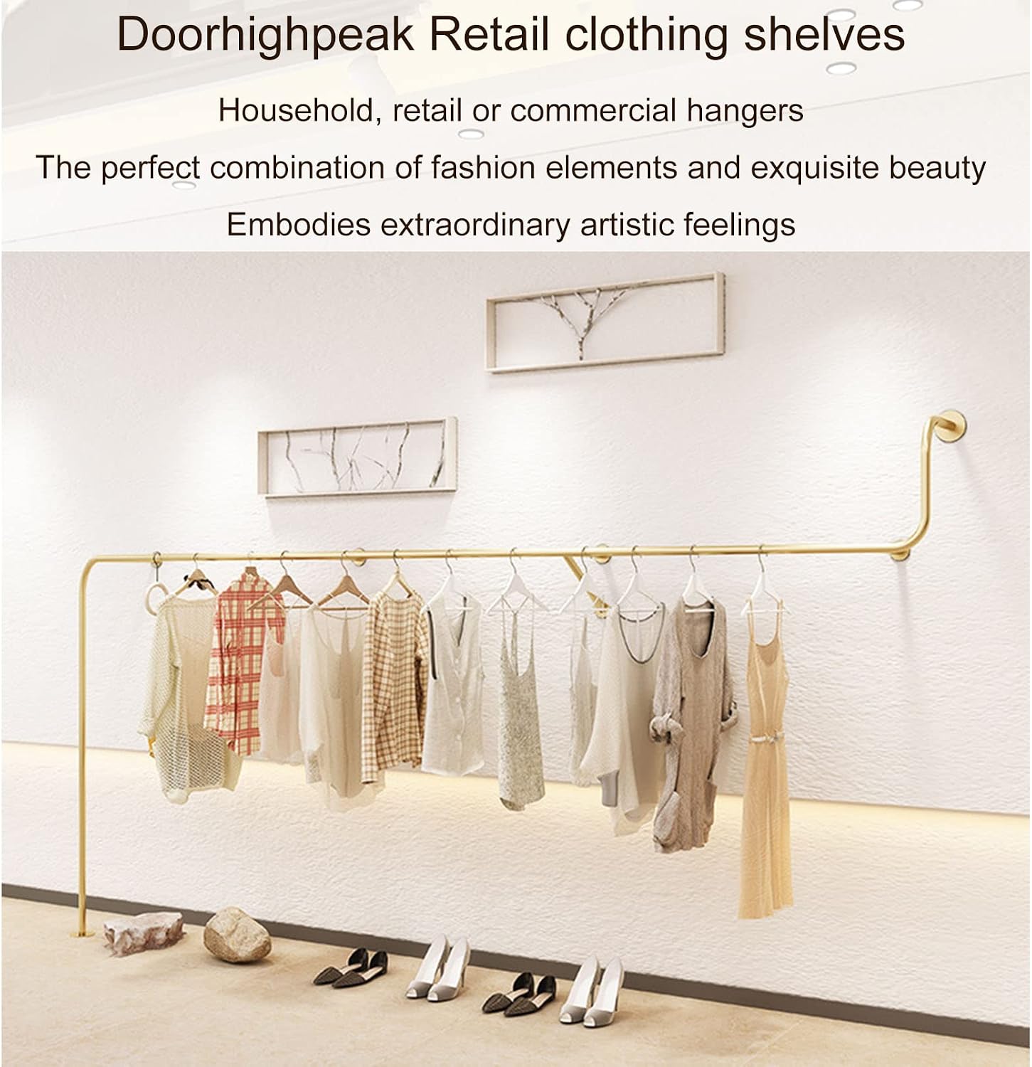 Creative Clothes Display Rack Wall Mounted Storage Clothes Hanging Shelf, Retail Store Garment Rack Organization Clothing Metal Hanging Rod, Heavy Duty Gold(One Color-250CM