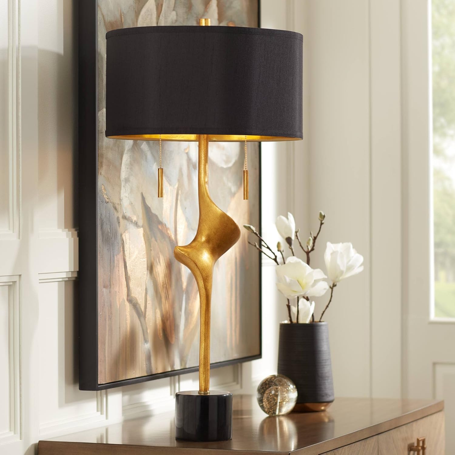 Possini Euro Design Athena Mid Century Modern Buffet Table Lamp 35 1/2' Tall Skinny Sculptural Gold Leaf Metal Abstract Black Drum Shade Decor Bedroom Living Nightstand Bedside Office Kids Room