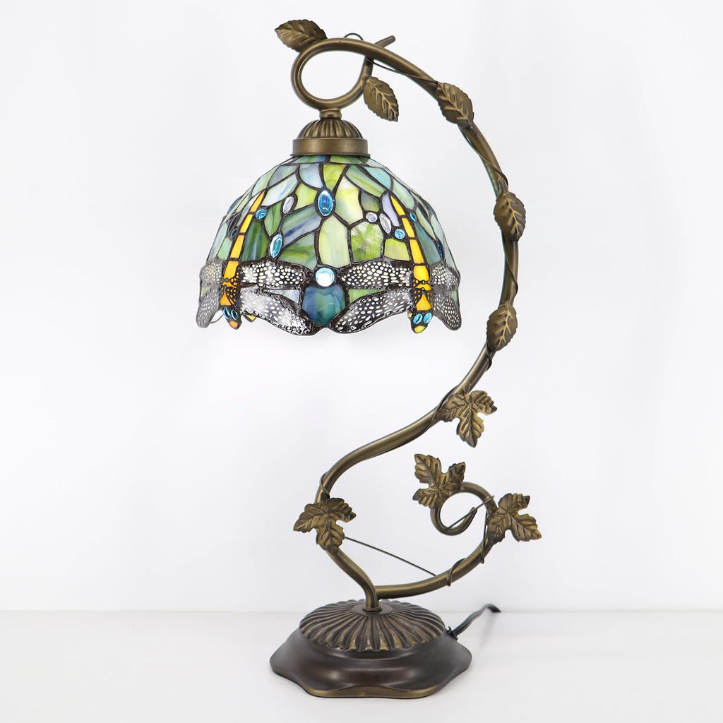 Tiffany Table Lamp, Stained Glass Desk Reading Light,Metal Leaf Table Lamp Base 8X10X21 Inches (Brown Dragonfly)