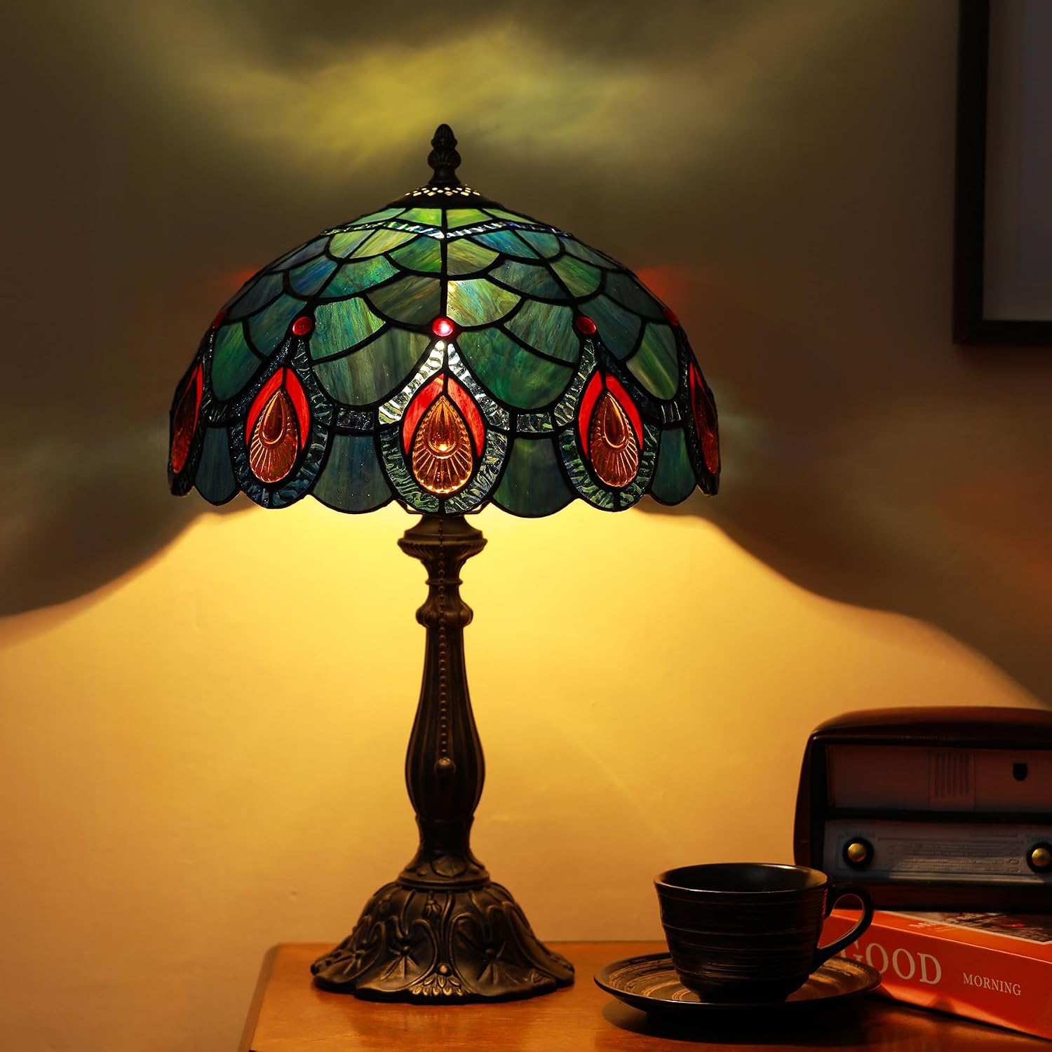 Tiffany Lamps Blue Peacock Tail Style Stained Glass Table Lamp Desk Bedside Reading Light 12X12X18.5 Inches with Bronze Resin Base Applicable to Bedroom Living Room Office