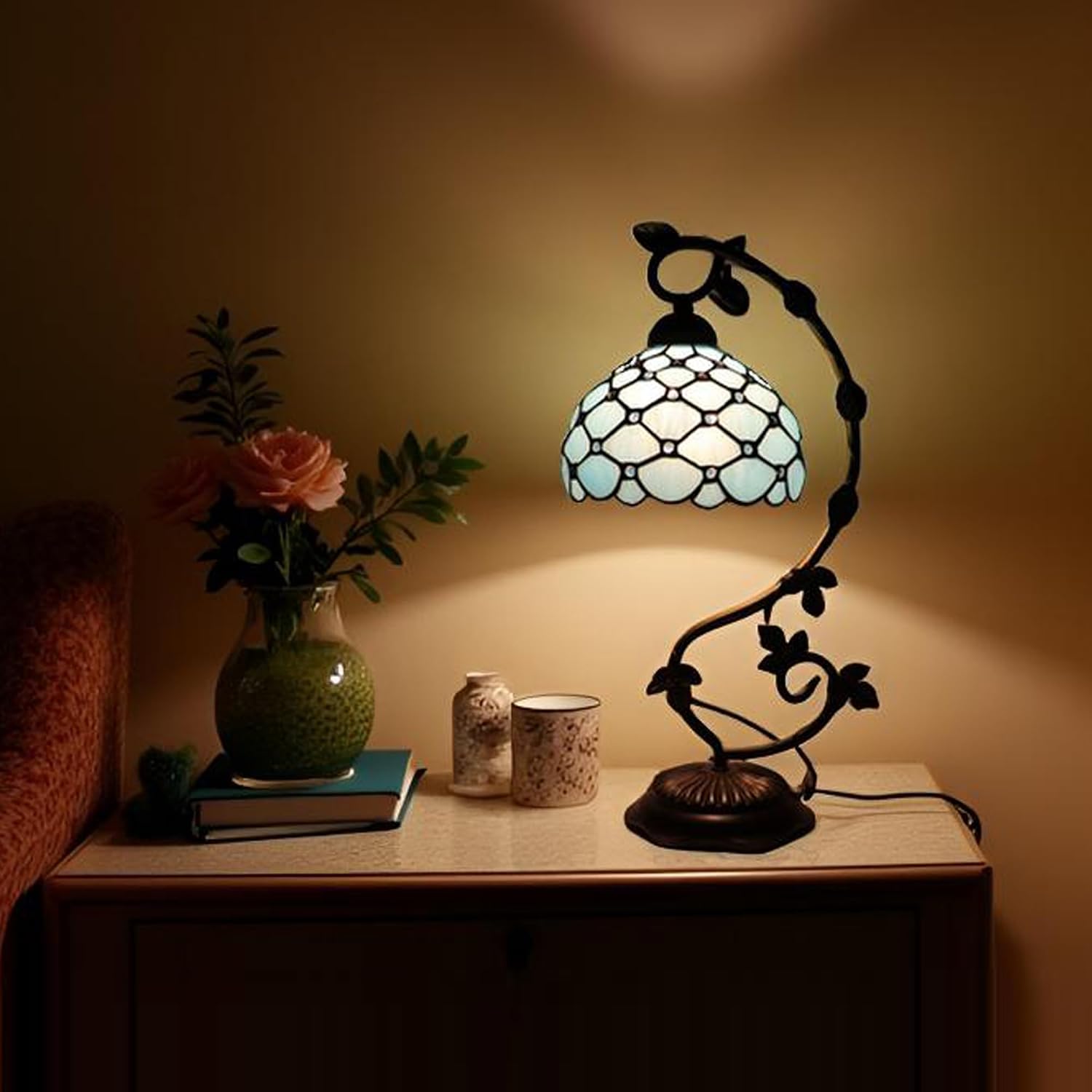 Tiffany Table Lamp, Stained Glass Desk Reading Light,Metal Leaf Table Lamp Base 8X10X21 Inches (Sea Blue Beads)