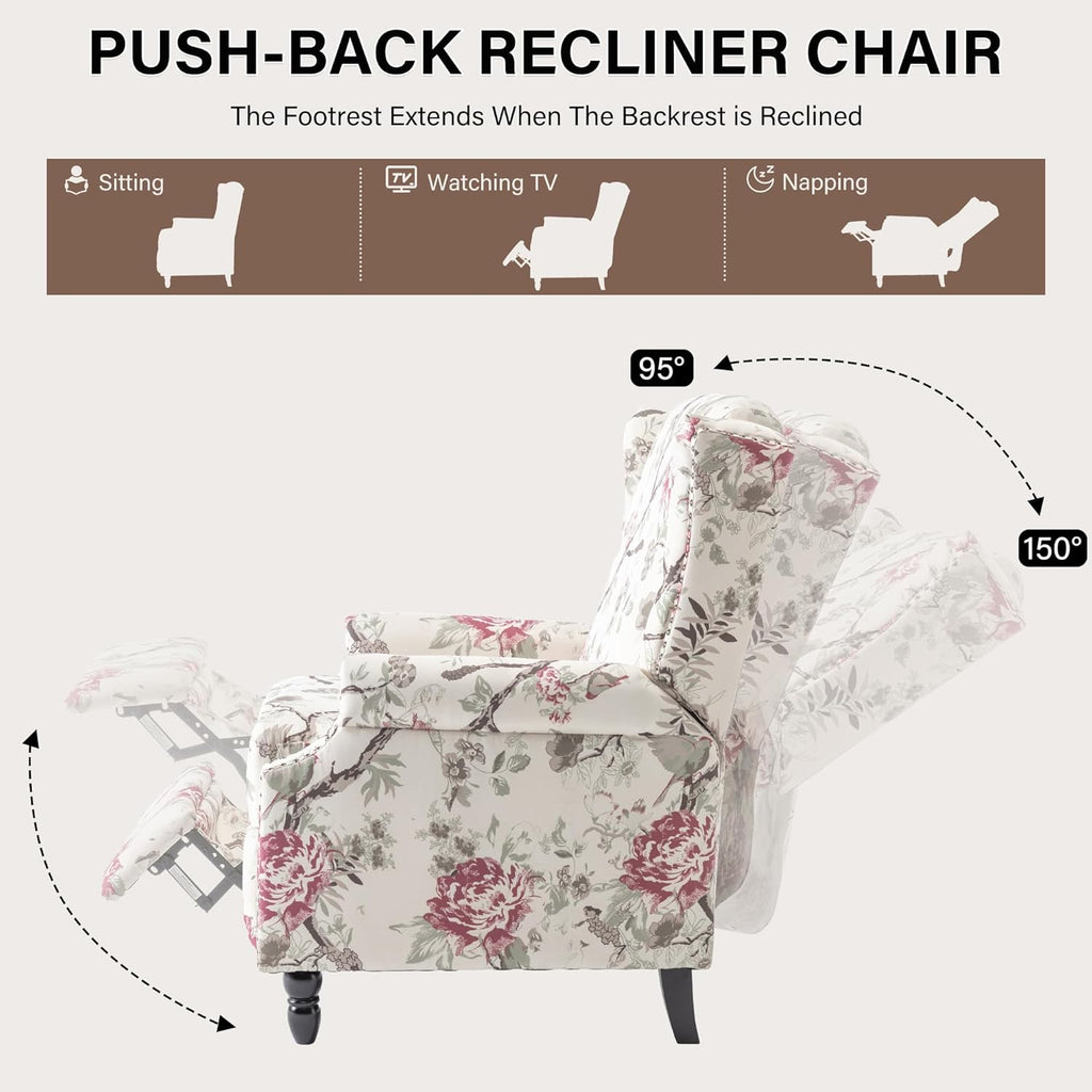 Pushback Floral Recliner Chair, Fabric Upholstered Armchair Push Back Accent Chair for Living Room, Rivet Trim Club Chair Home Theater Single Sofa Reading Seat - Beige Floral