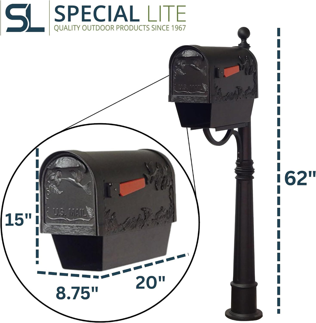 Special Lite Hummingbird Curbside Mailbox with Paper Tube and Ashland Post - Black Aluminum Mailbox with Post - SCB2005-SPK600-BLK