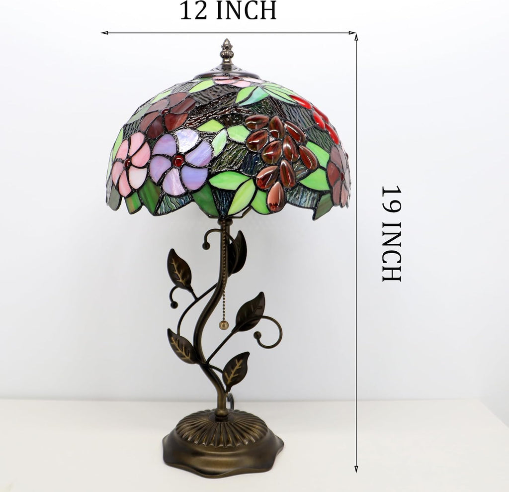 Tiffany Lamp Grape Style Stained Glass Table Lamp Desk Bedside Reading Light 12X12X19 Inches with Metal Leaf Base
