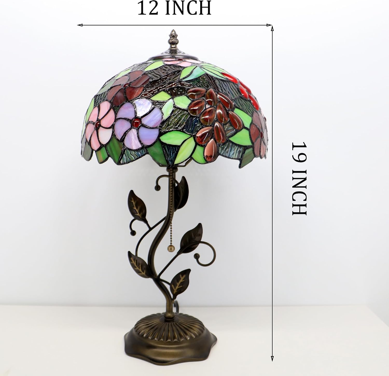 Tiffany Lamp Grape Style Stained Glass Table Lamp Desk Bedside Reading Light 12X12X19 Inches with Metal Leaf Base