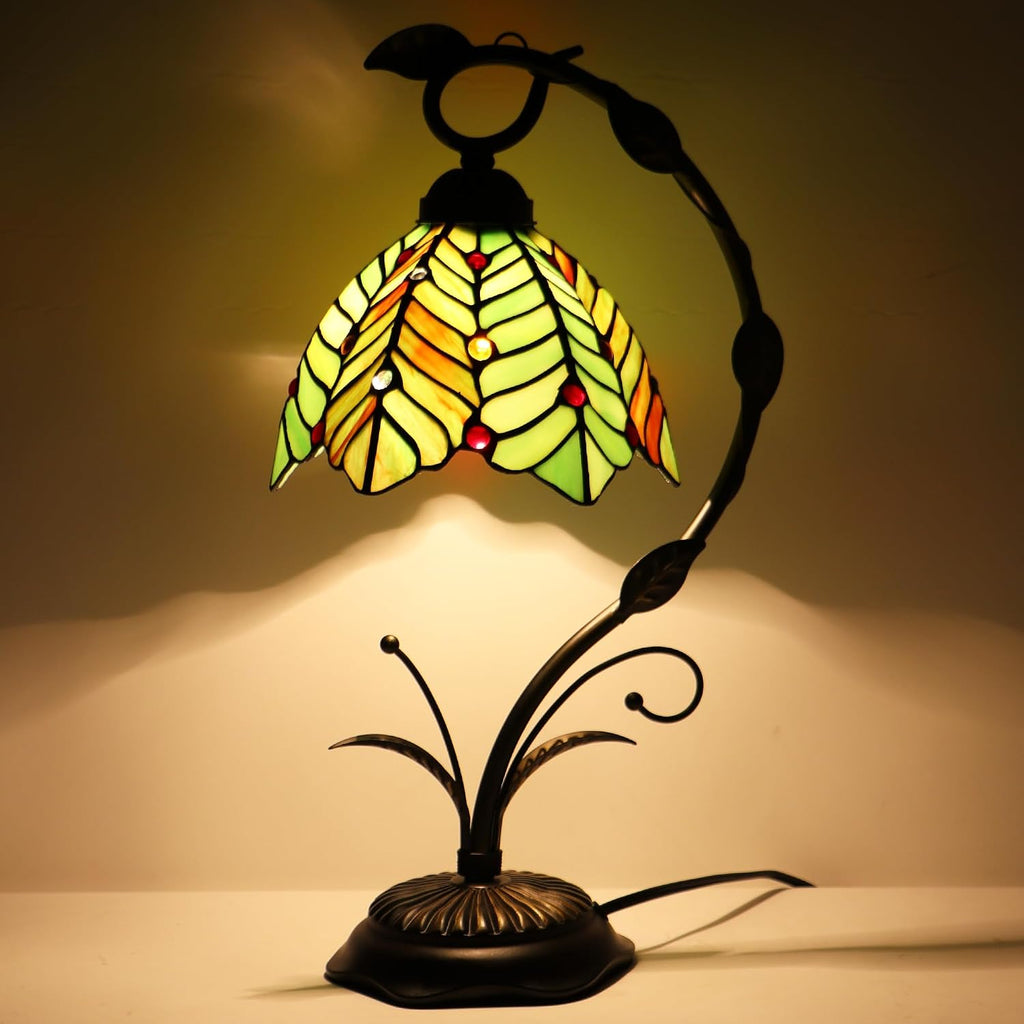 Tiffany Table Lamp, Stained Glass Desk Reading Light, 8X10X19 Inches, Metal Leaf Base (Brown Green Leaf)
