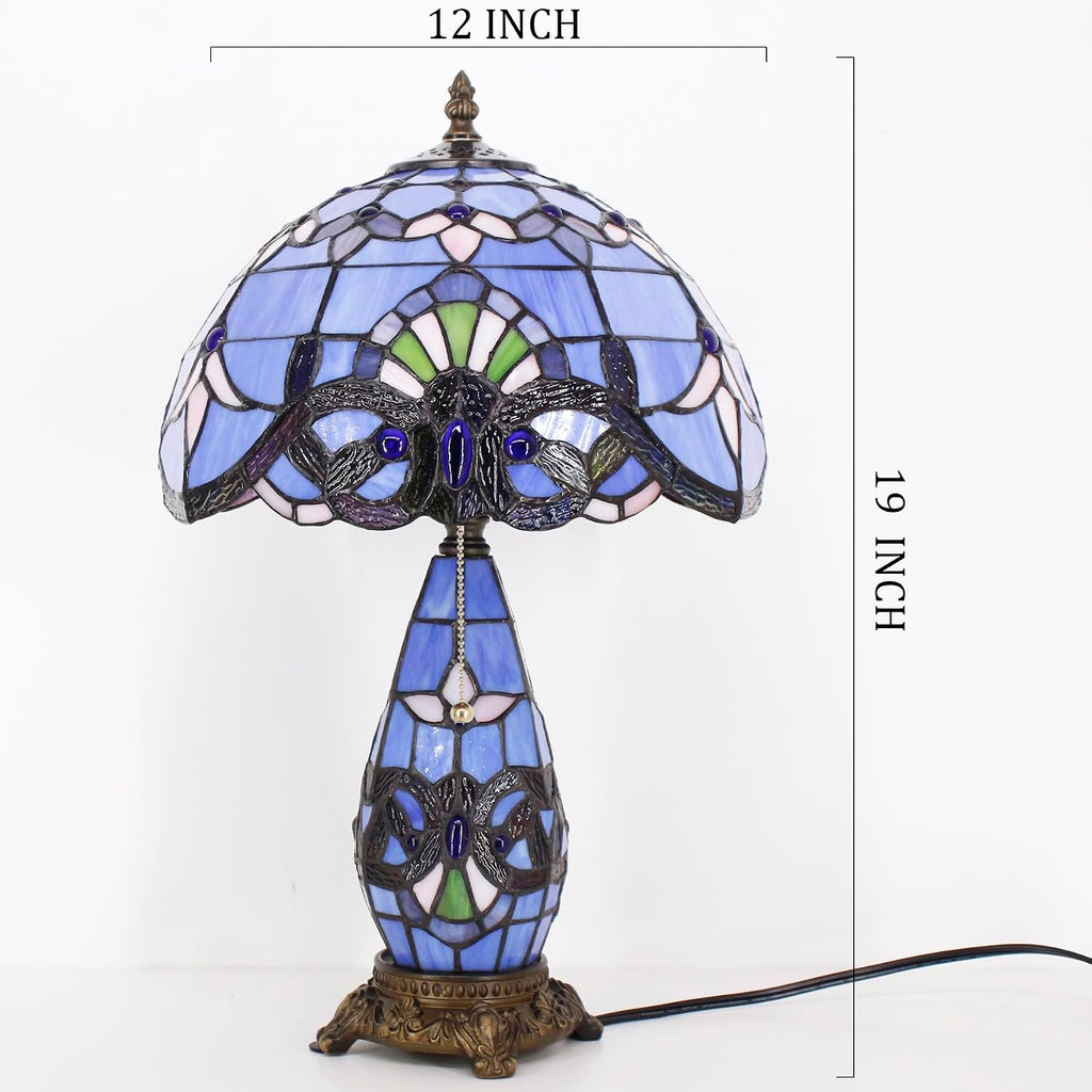 Tiffany Style Lamp Blue Baroque Stained Glass Table Lamp 12X19 Inches Mother-Daughter Vase Desk Reading Light Decor Bedroom Living Room Home Office