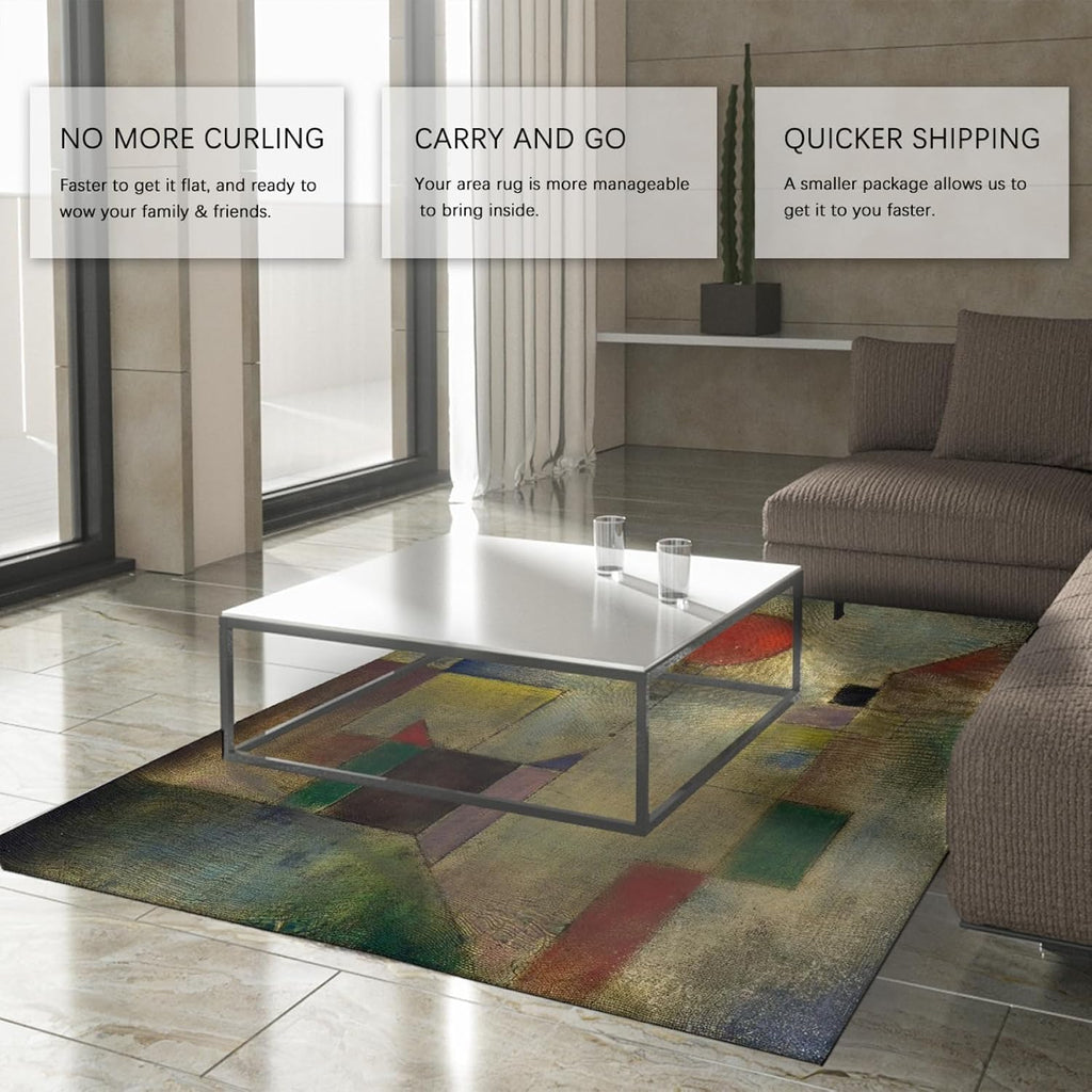 Expressionism Area Rug Paul Klee Abstract Retro Architecture Balloon Geometric Square Washable Non-Slip Low Pile Thin Carpet for Cafe 5x8ft